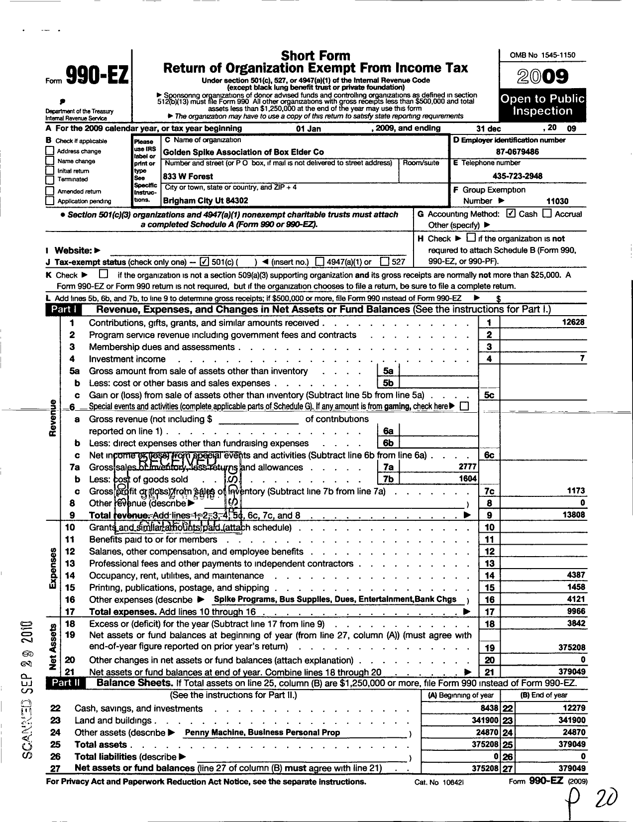 Image of first page of 2009 Form 990EO for Golden Spike Association of Box Elder