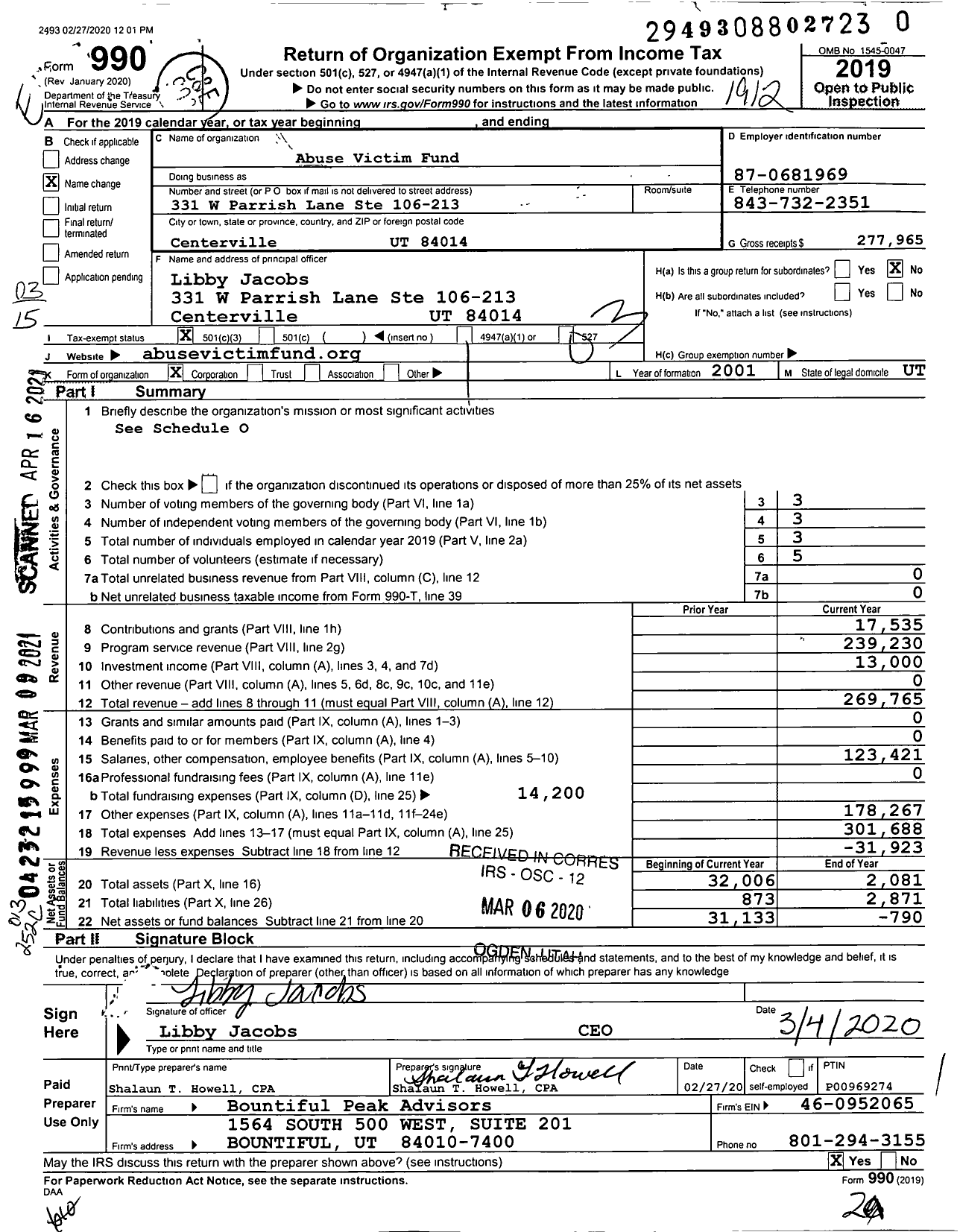 Image of first page of 2019 Form 990 for Abuse Victim Fund