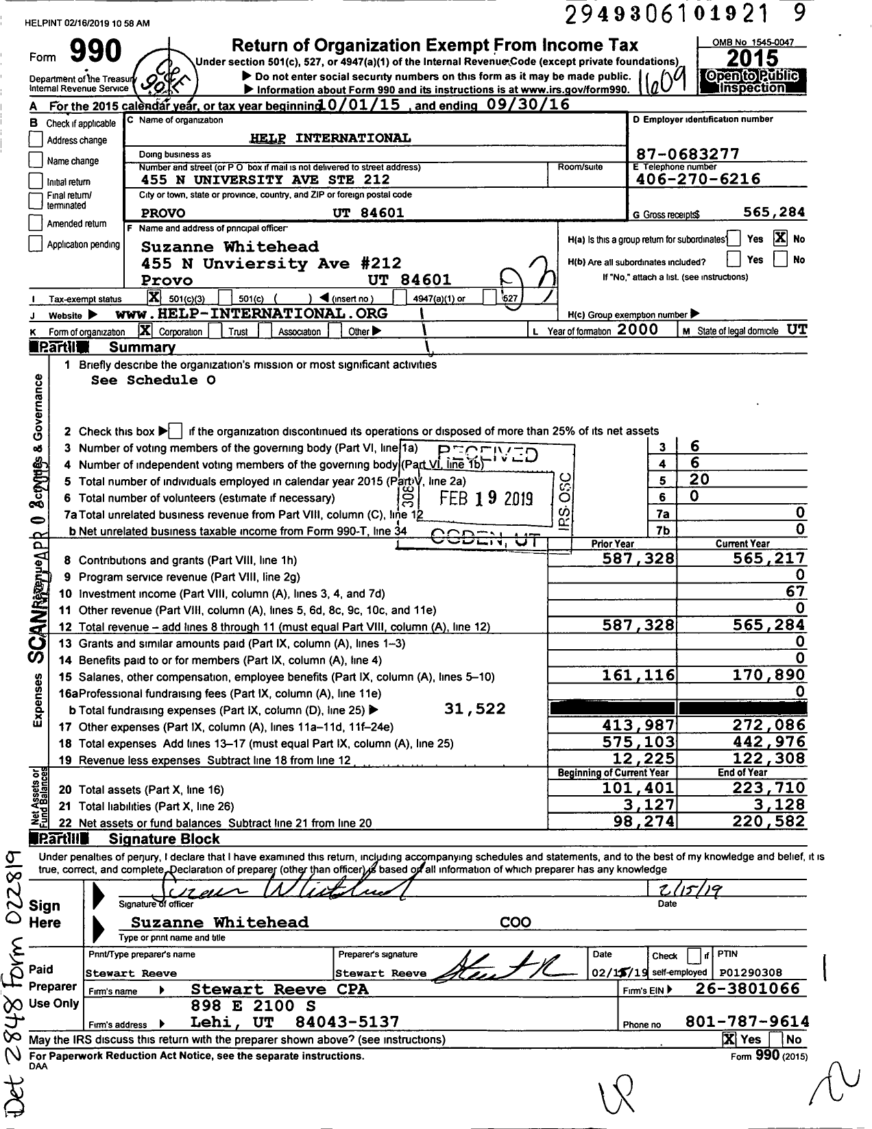 Image of first page of 2015 Form 990 for HELP International