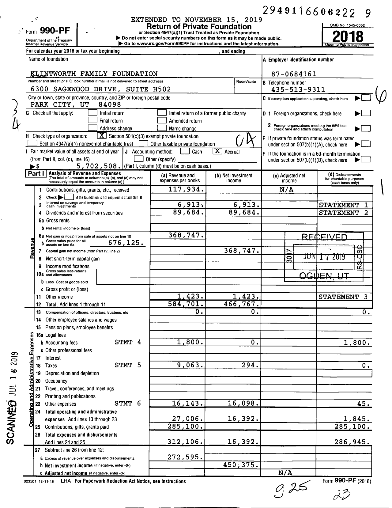 Image of first page of 2018 Form 990PF for Klintworth Family Foundation