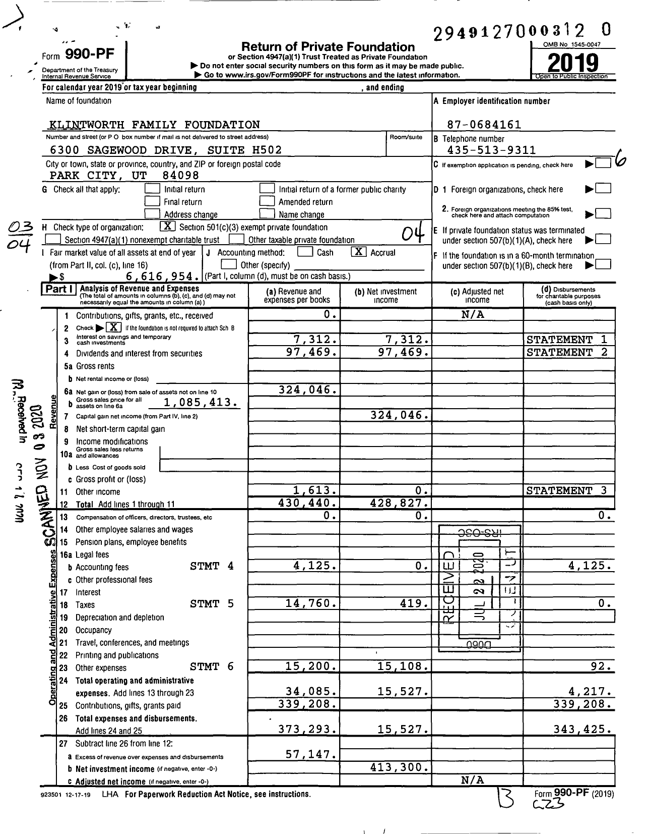 Image of first page of 2019 Form 990PF for Klintworth Family Foundation