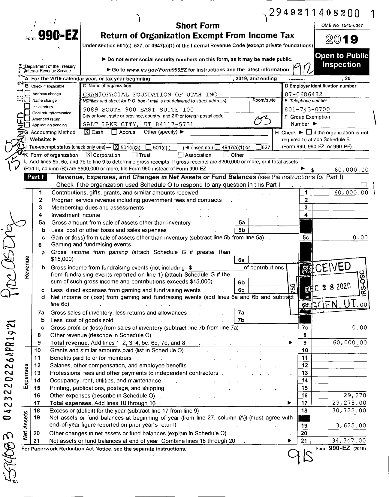 Image of first page of 2019 Form 990EZ for Craniofacial Foundation of Utah