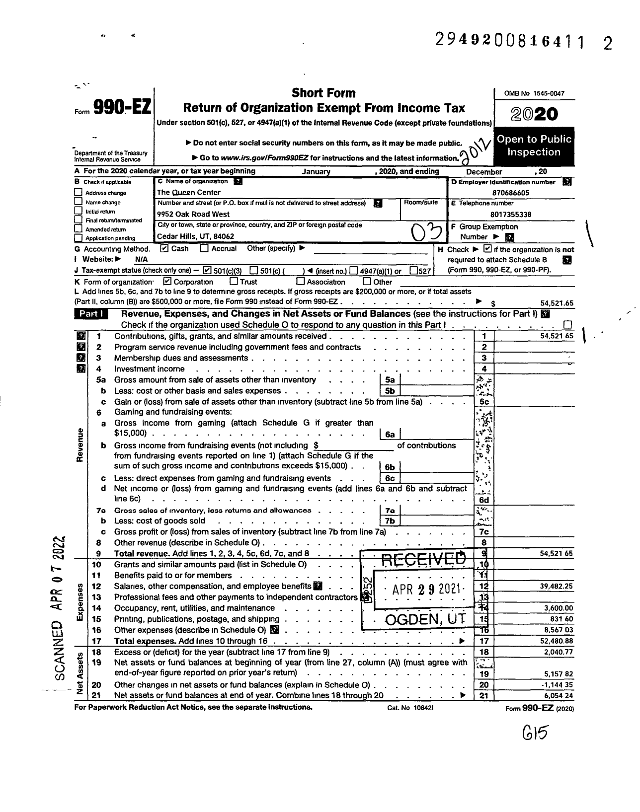 Image of first page of 2020 Form 990EZ for The Queen Center