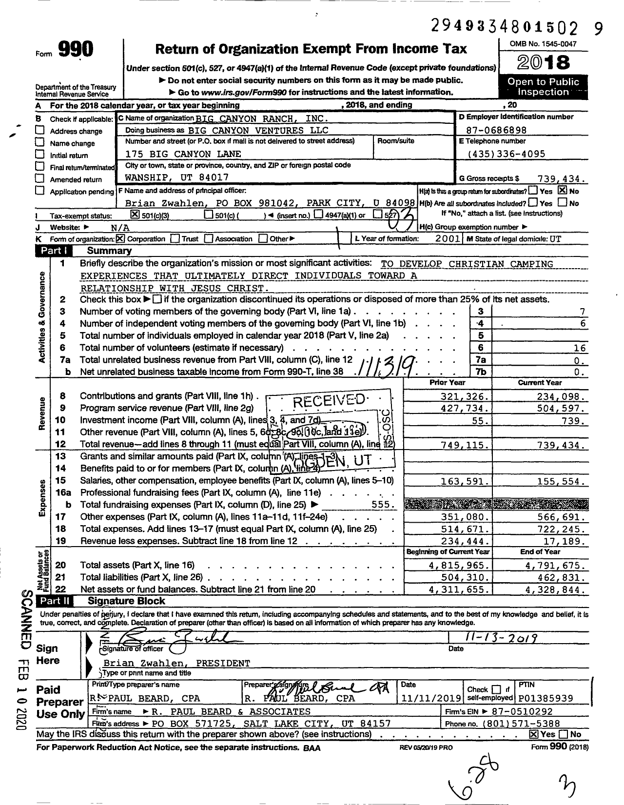 Image of first page of 2018 Form 990 for Big Canyon Ranch Inc Big Canyon Ventures LLC