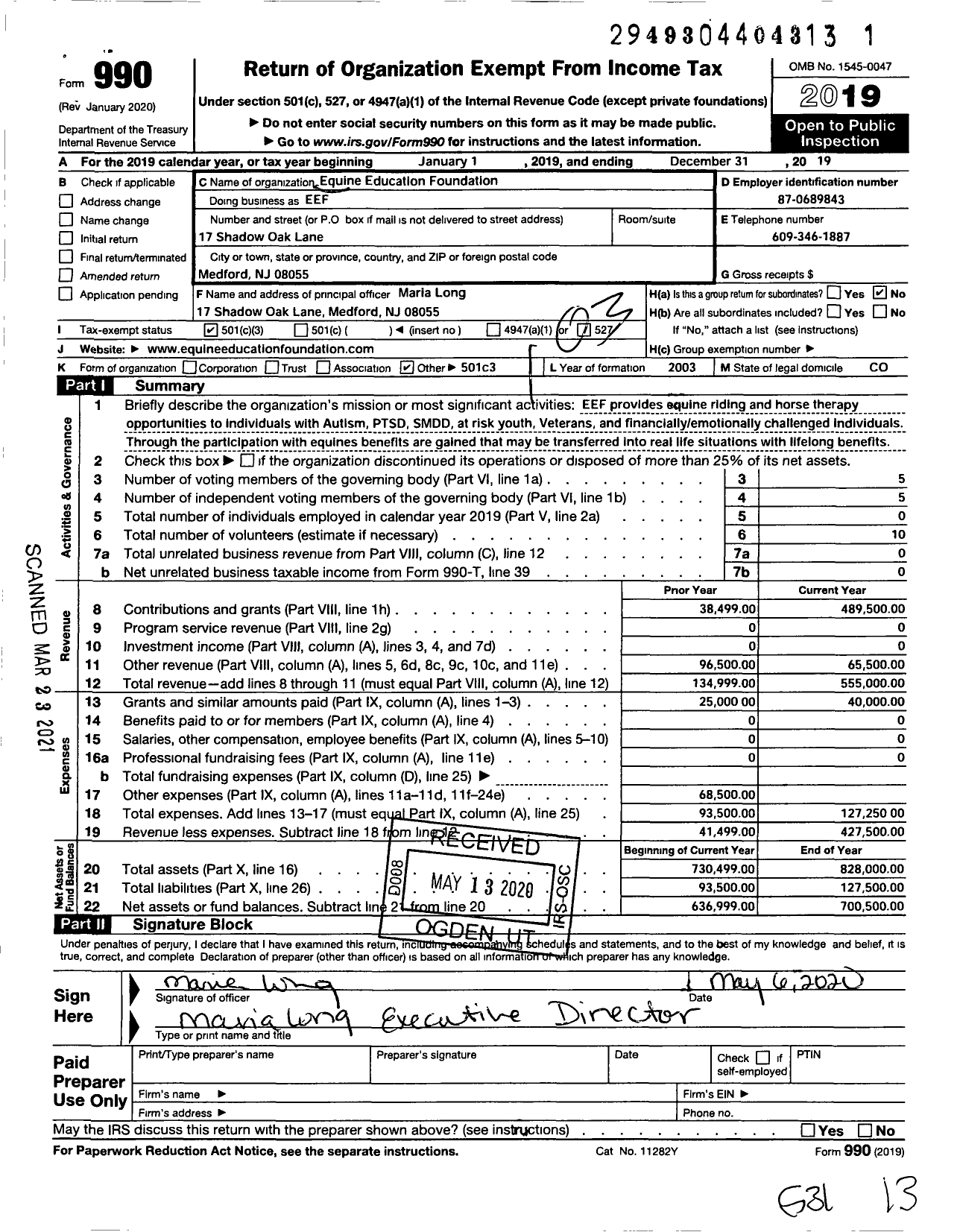 Image of first page of 2019 Form 990 for Equine Education Foundation