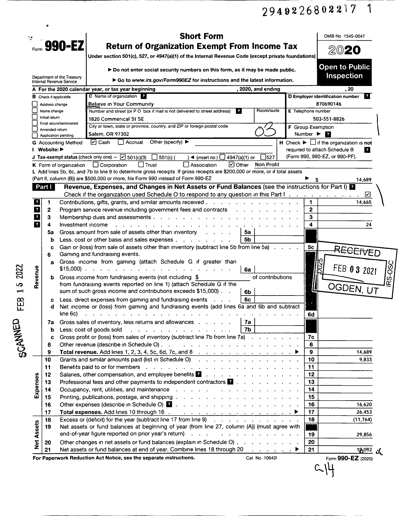 Image of first page of 2020 Form 990EZ for Believe in Your Community