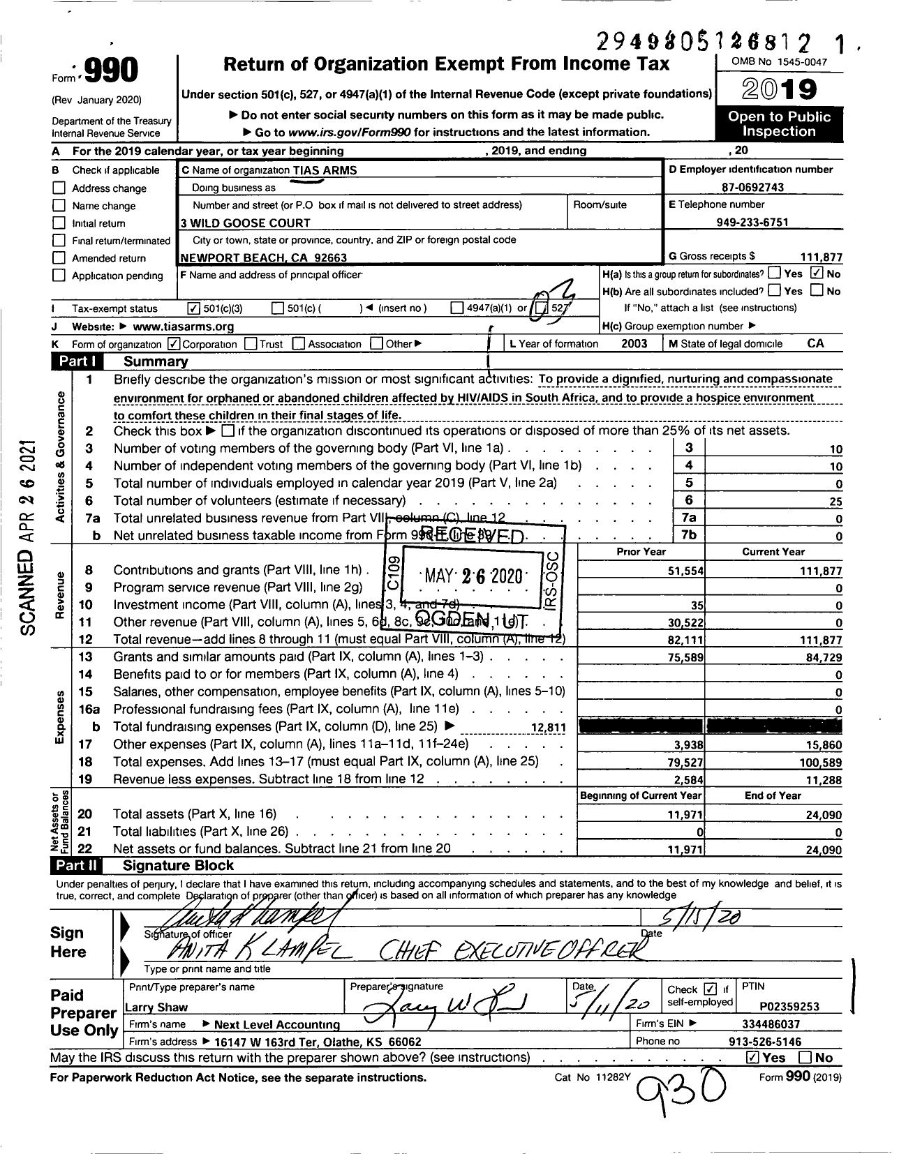 Image of first page of 2019 Form 990 for Tias Arms