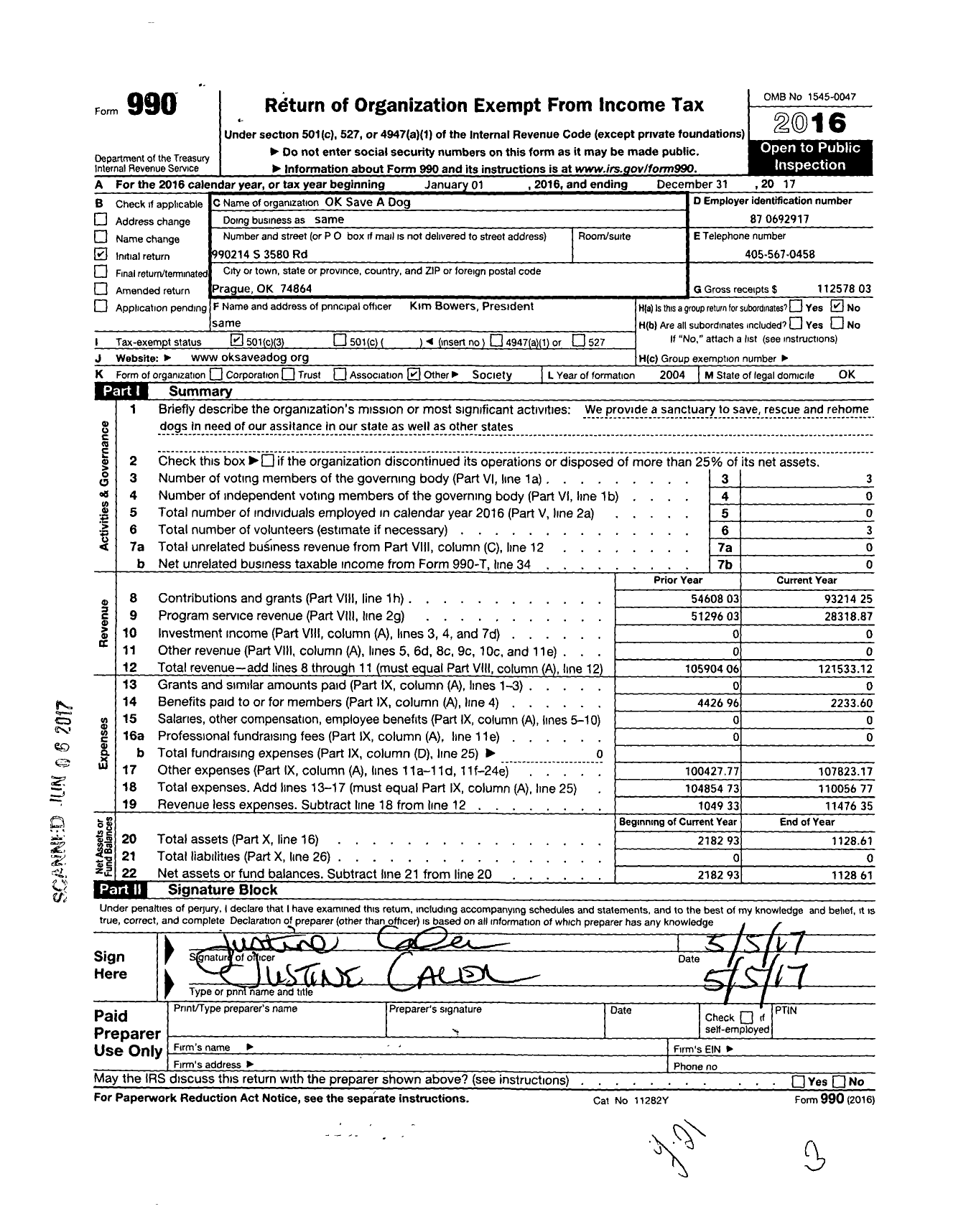 Image of first page of 2017 Form 990 for Ok Save A Dog