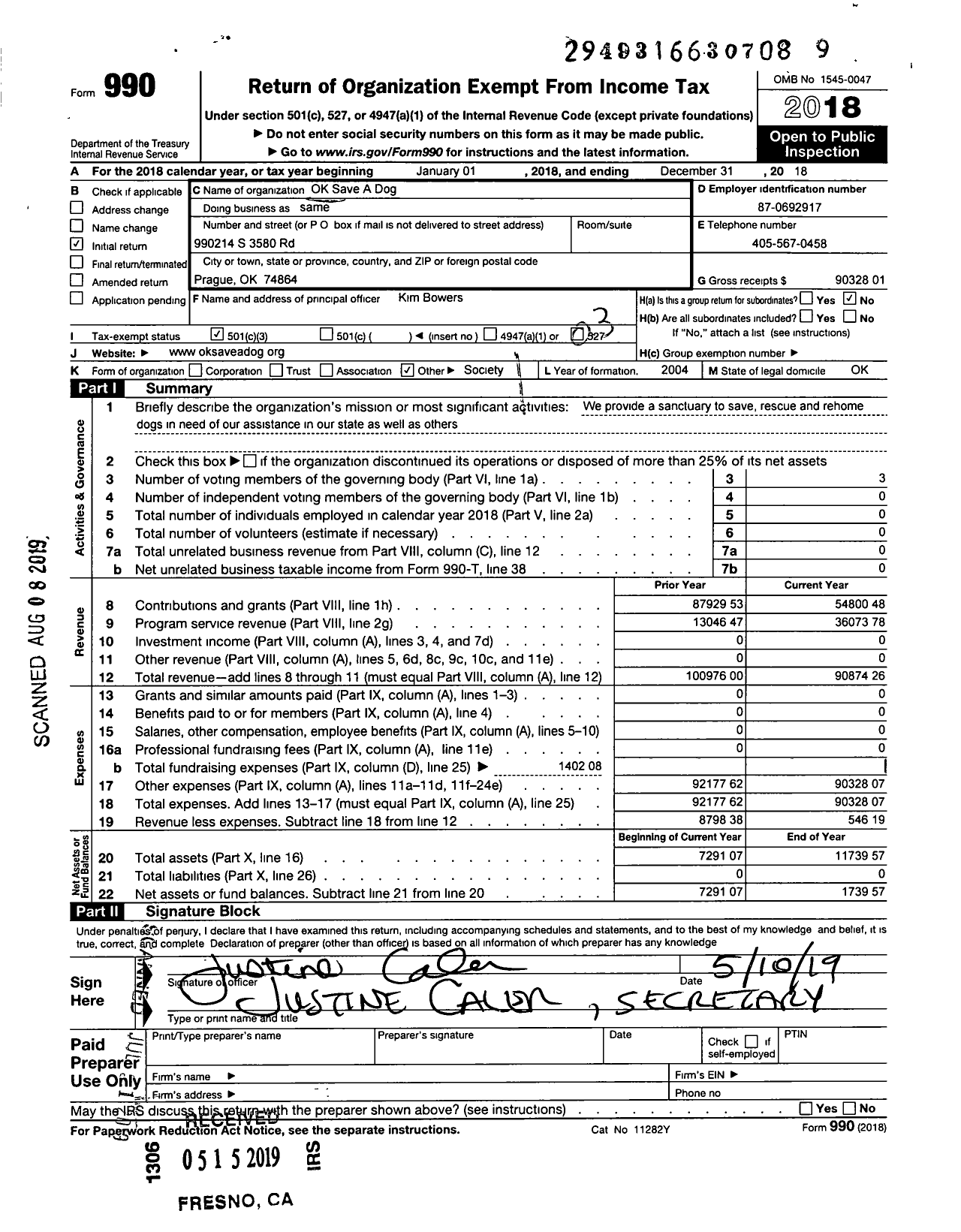 Image of first page of 2018 Form 990 for Ok Save A Dog