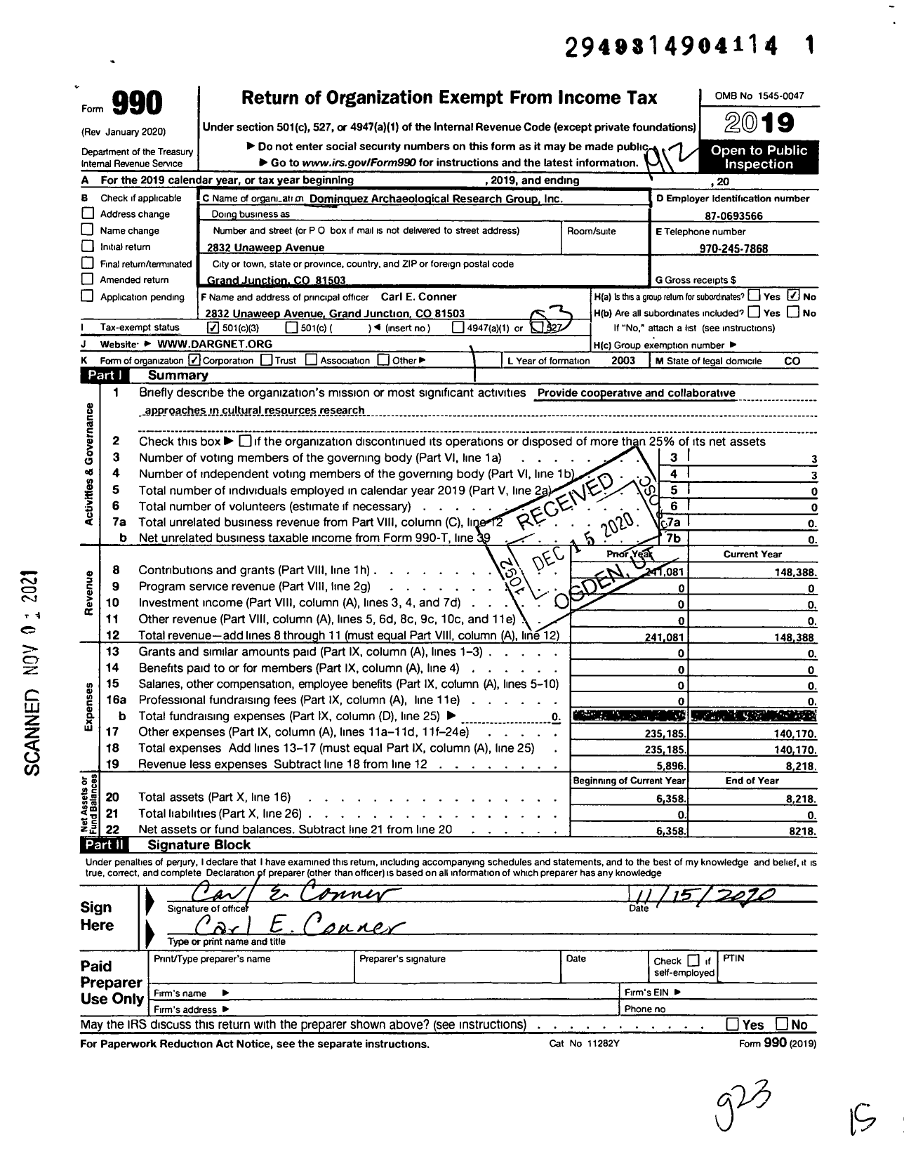 Image of first page of 2019 Form 990 for Dominquez Archaeological Research Group