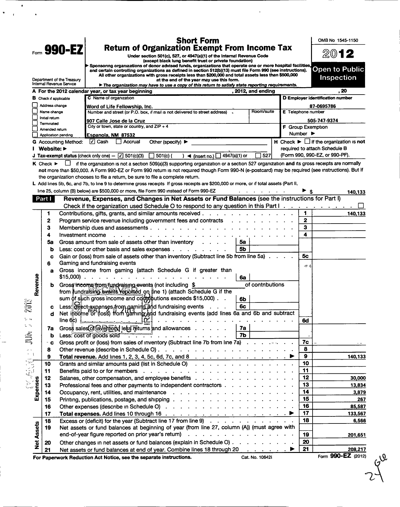 Image of first page of 2012 Form 990EZ for Word of Life Fellowship