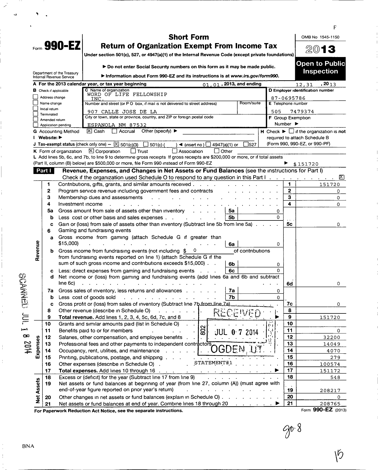 Image of first page of 2013 Form 990EZ for Word of Life Fellowship