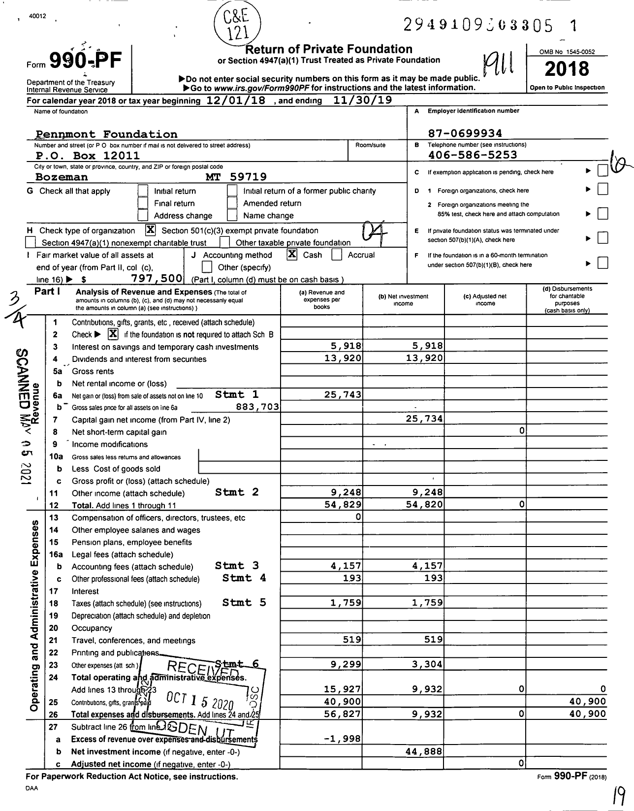 Image of first page of 2018 Form 990PF for Pennmont Foundation