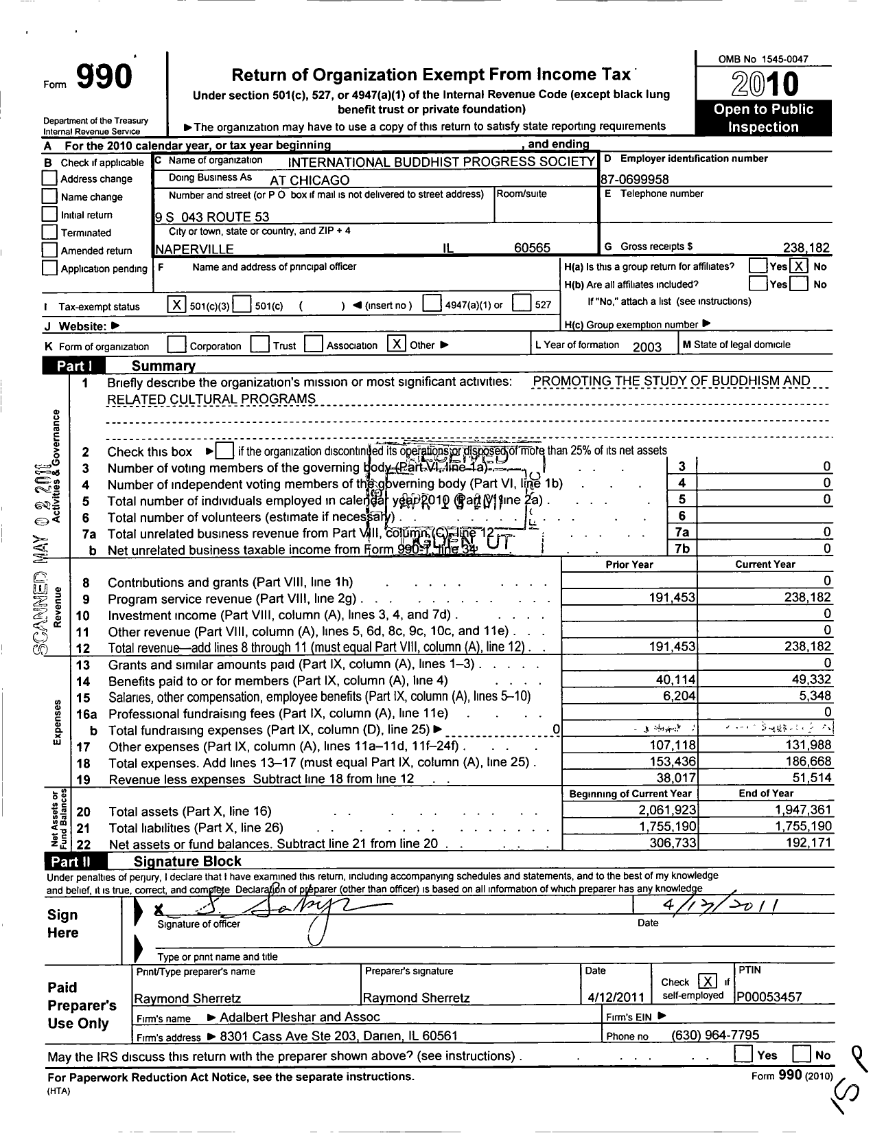 Image of first page of 2010 Form 990 for International Buddhist Progress Society at Chicago