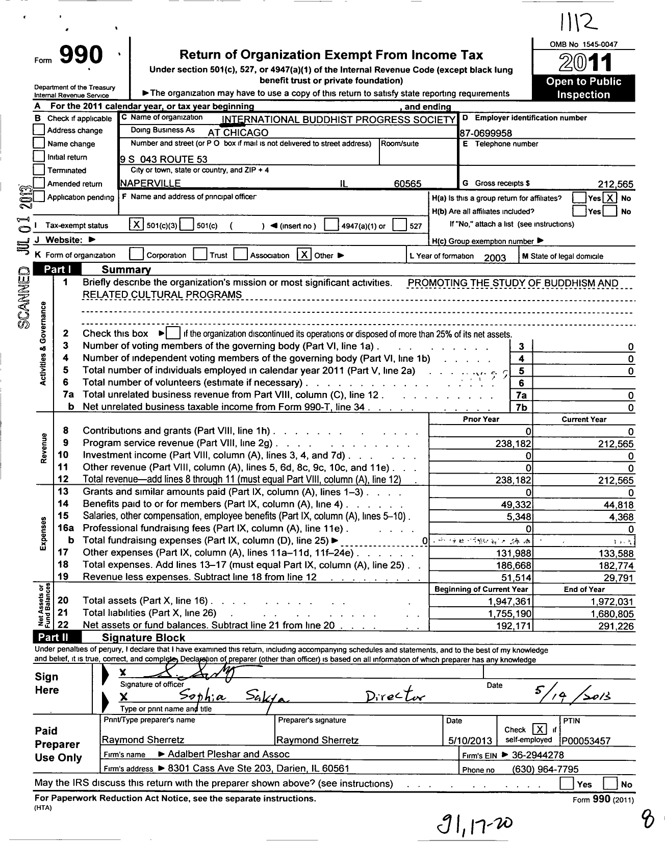 Image of first page of 2011 Form 990 for International Buddhist Progress Society at Chicago