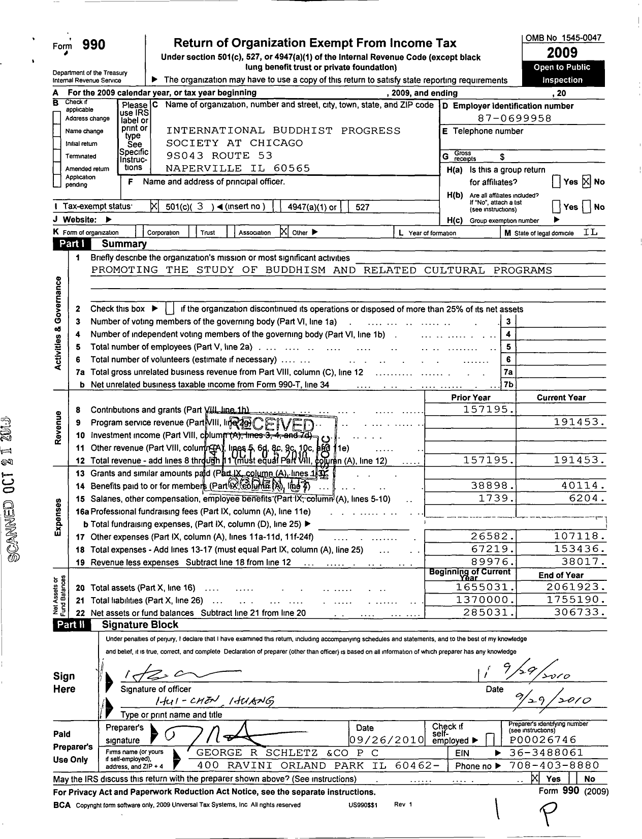 Image of first page of 2009 Form 990 for International Buddhist Progress Society at Chicago