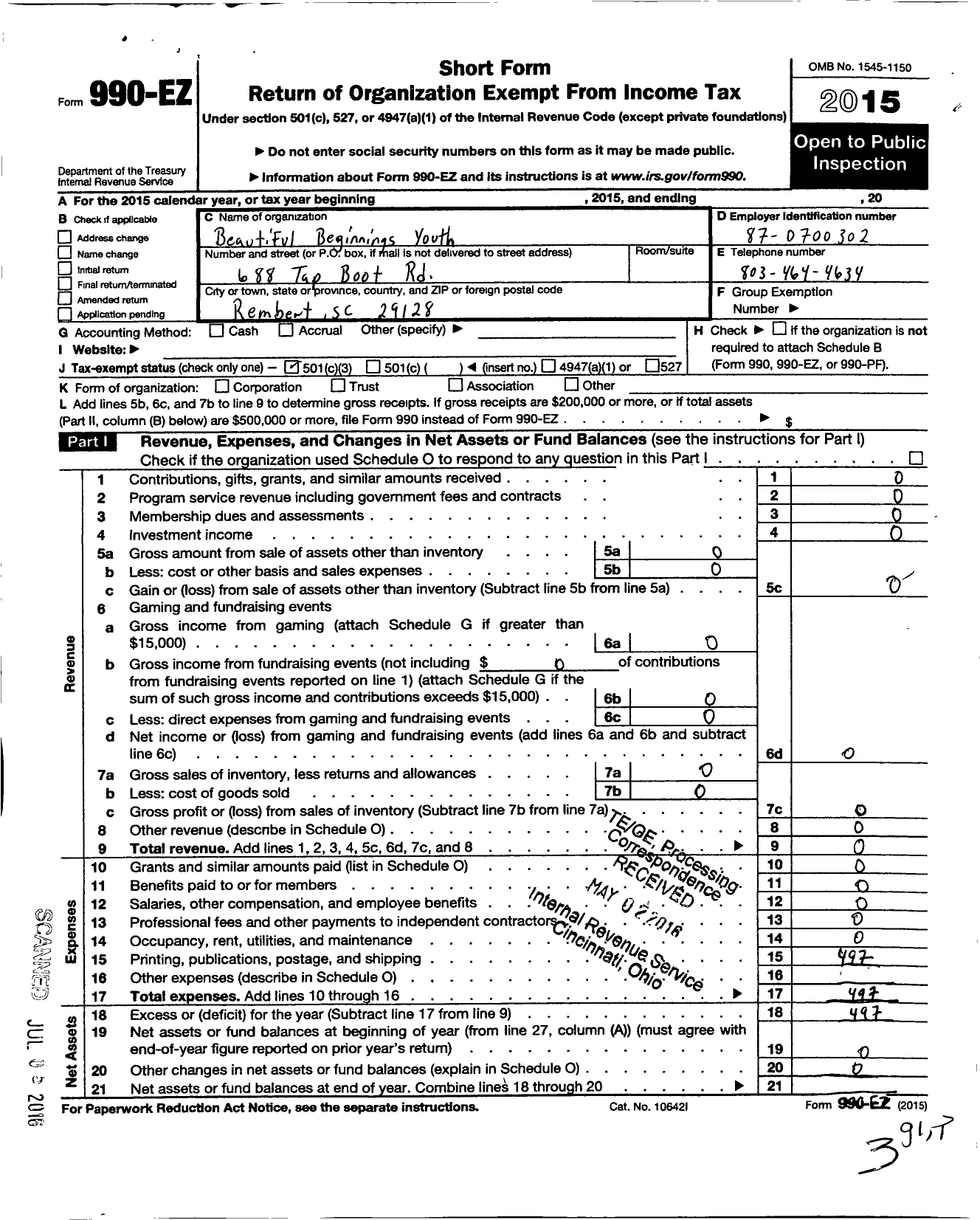 Image of first page of 2015 Form 990EZ for Beautiful Beginnings