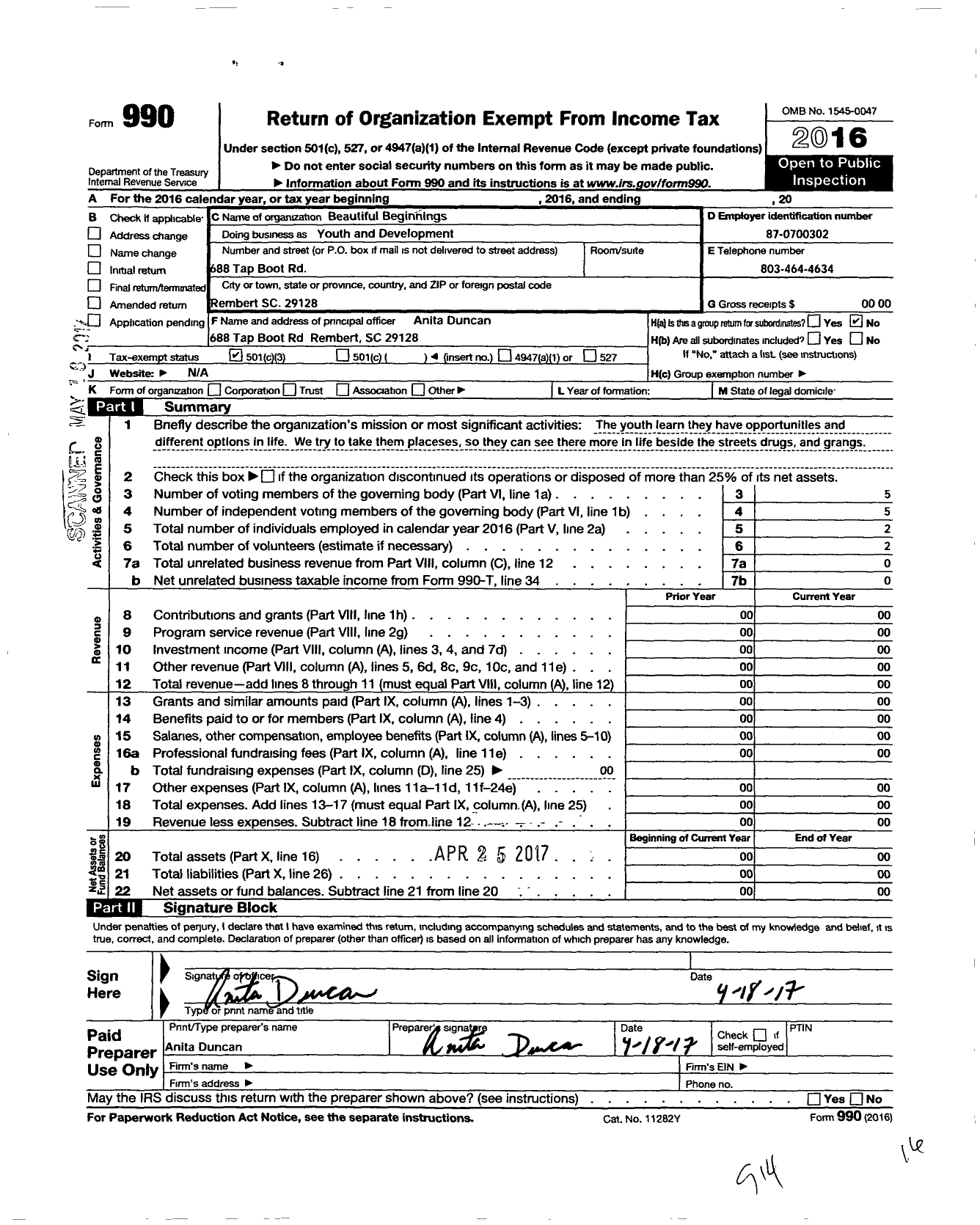 Image of first page of 2016 Form 990 for Beautiful Beginnings