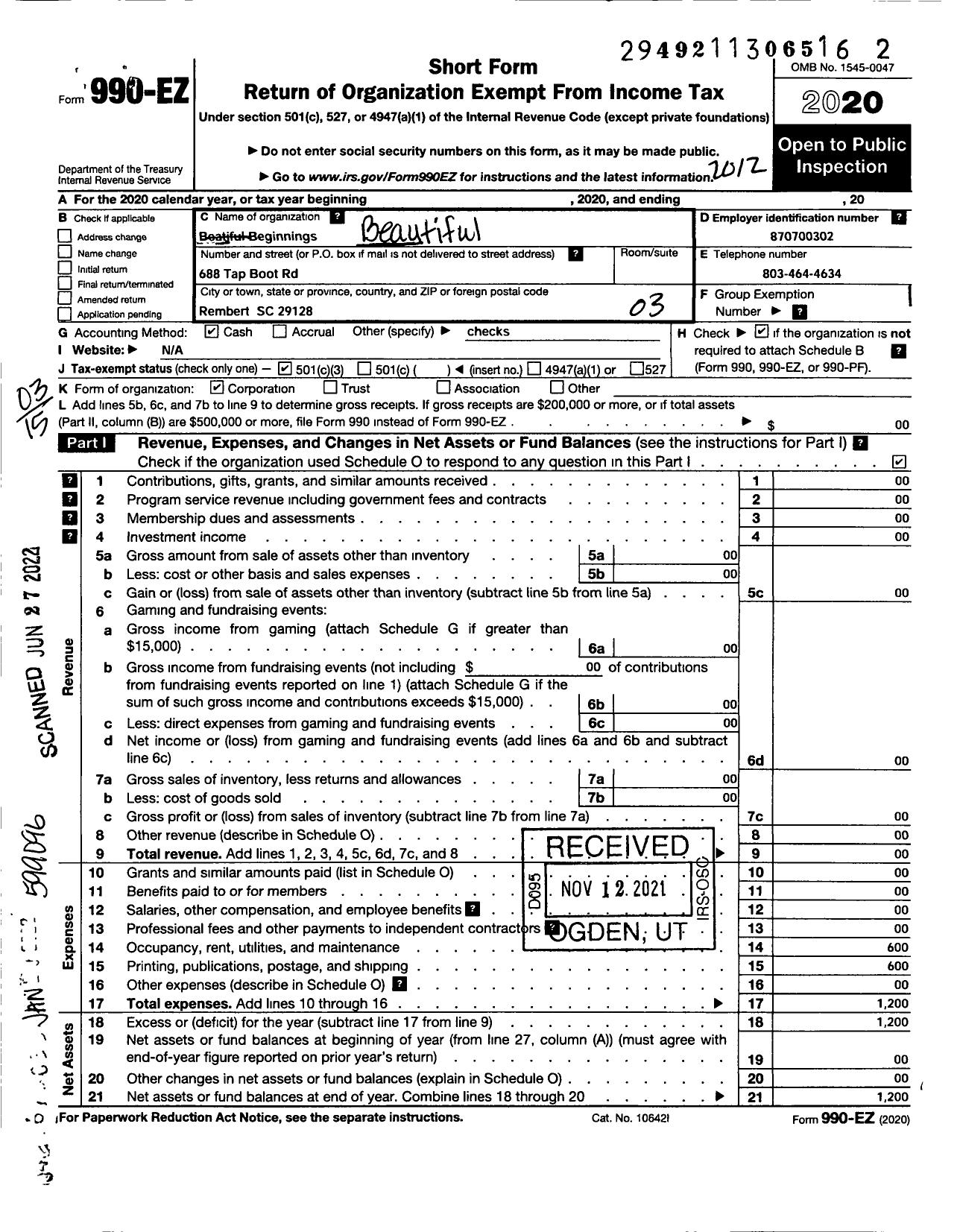 Image of first page of 2020 Form 990EZ for Beautiful Beginnings