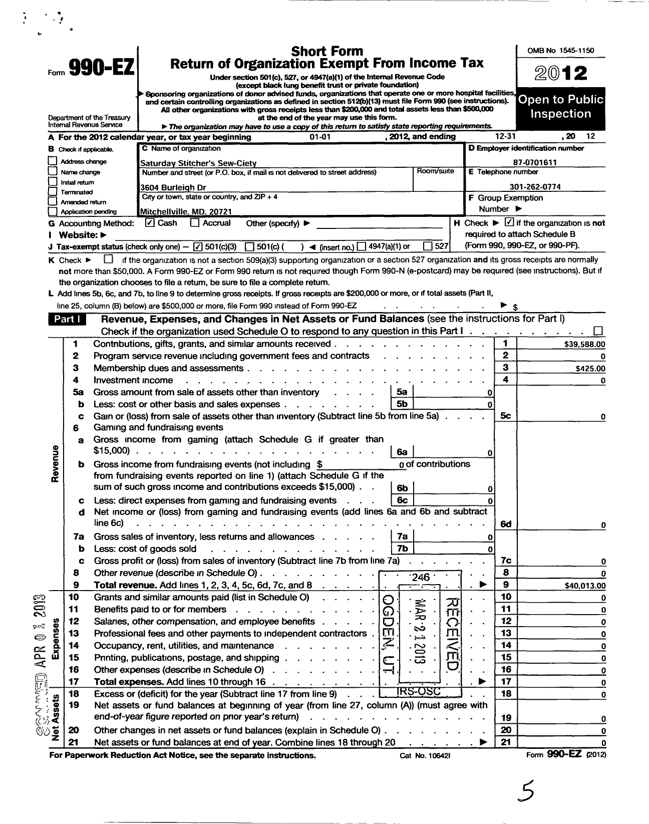 Image of first page of 2012 Form 990EZ for Saturday Stitcher's Sew-Ciety