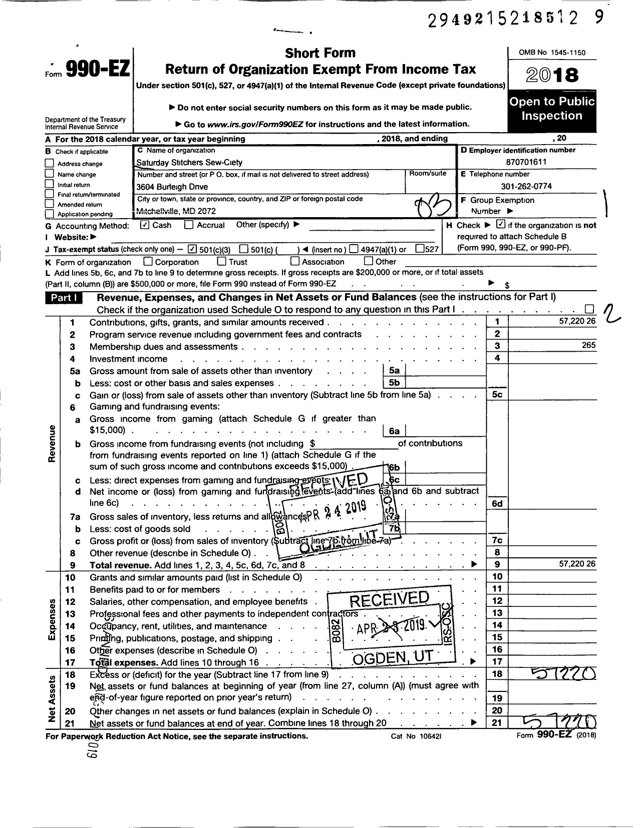 Image of first page of 2018 Form 990EZ for Saturday Stitcher's Sew-Ciety