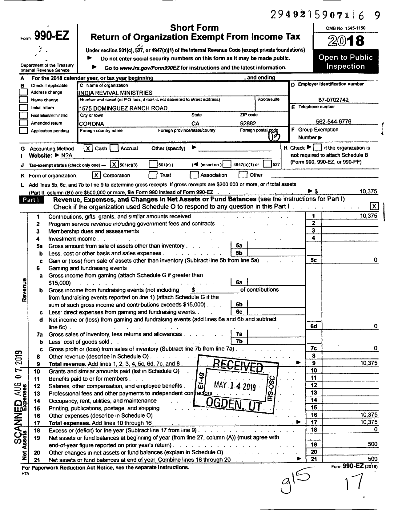 Image of first page of 2018 Form 990EZ for India Revival Ministries International