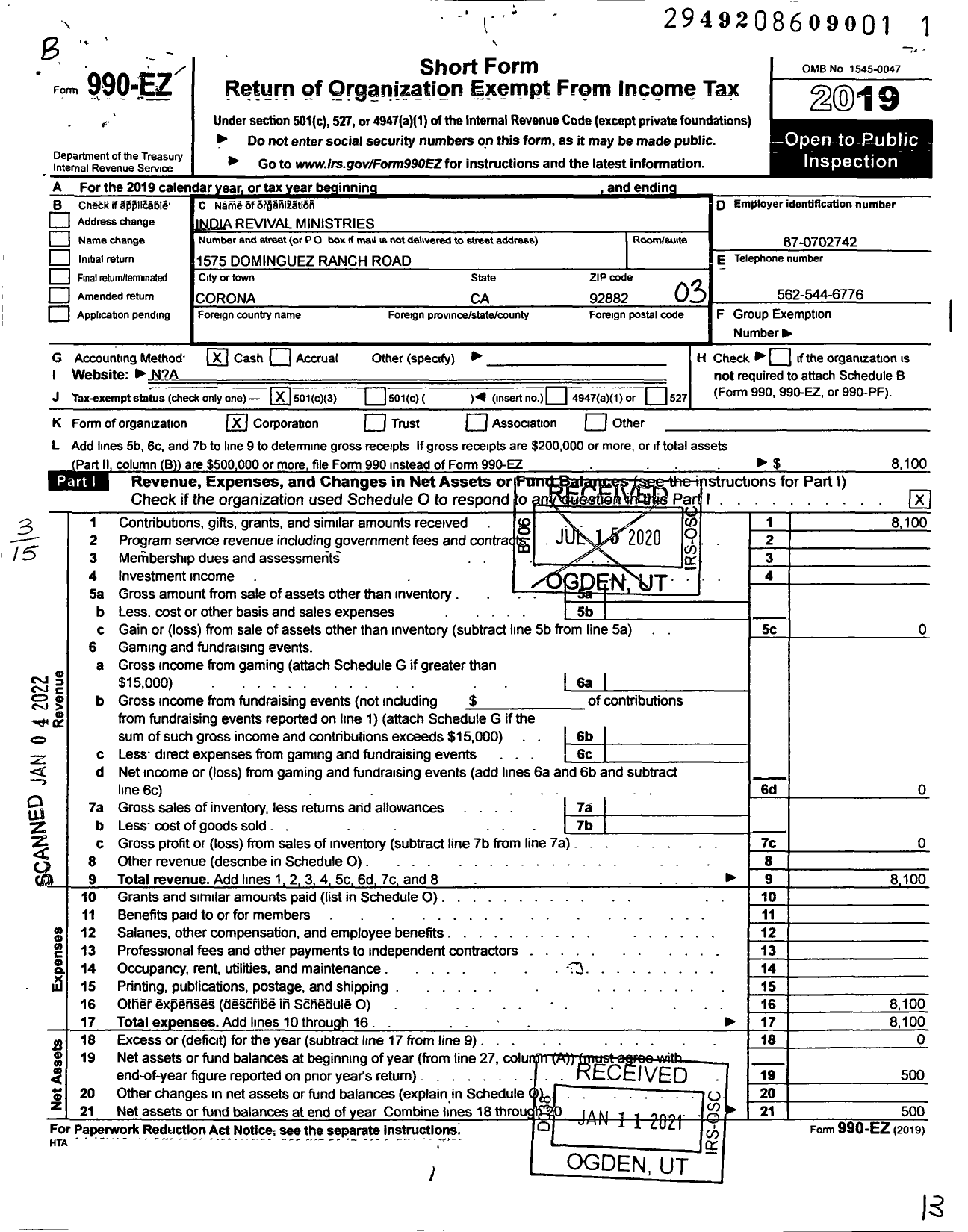 Image of first page of 2019 Form 990EZ for India Revival Ministries International