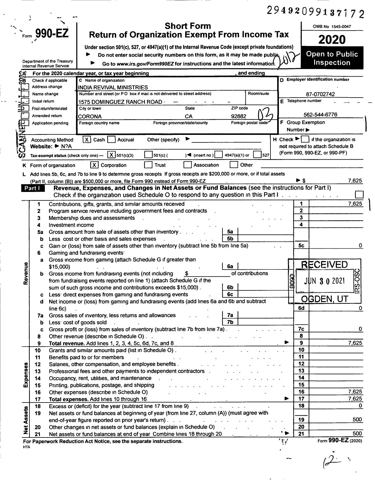 Image of first page of 2020 Form 990EZ for India Revival Ministries International