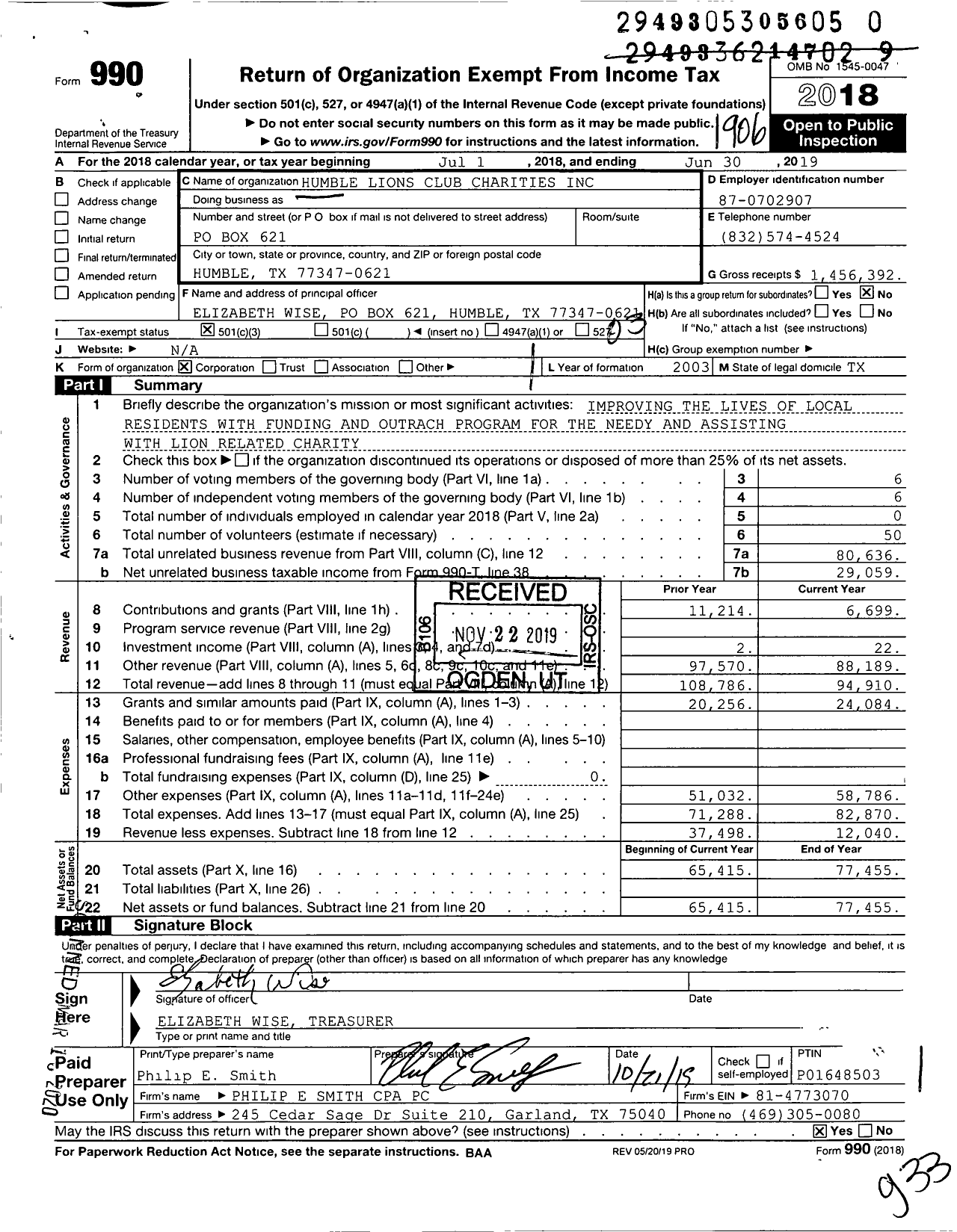 Image of first page of 2018 Form 990 for Humble Lions Club Charities