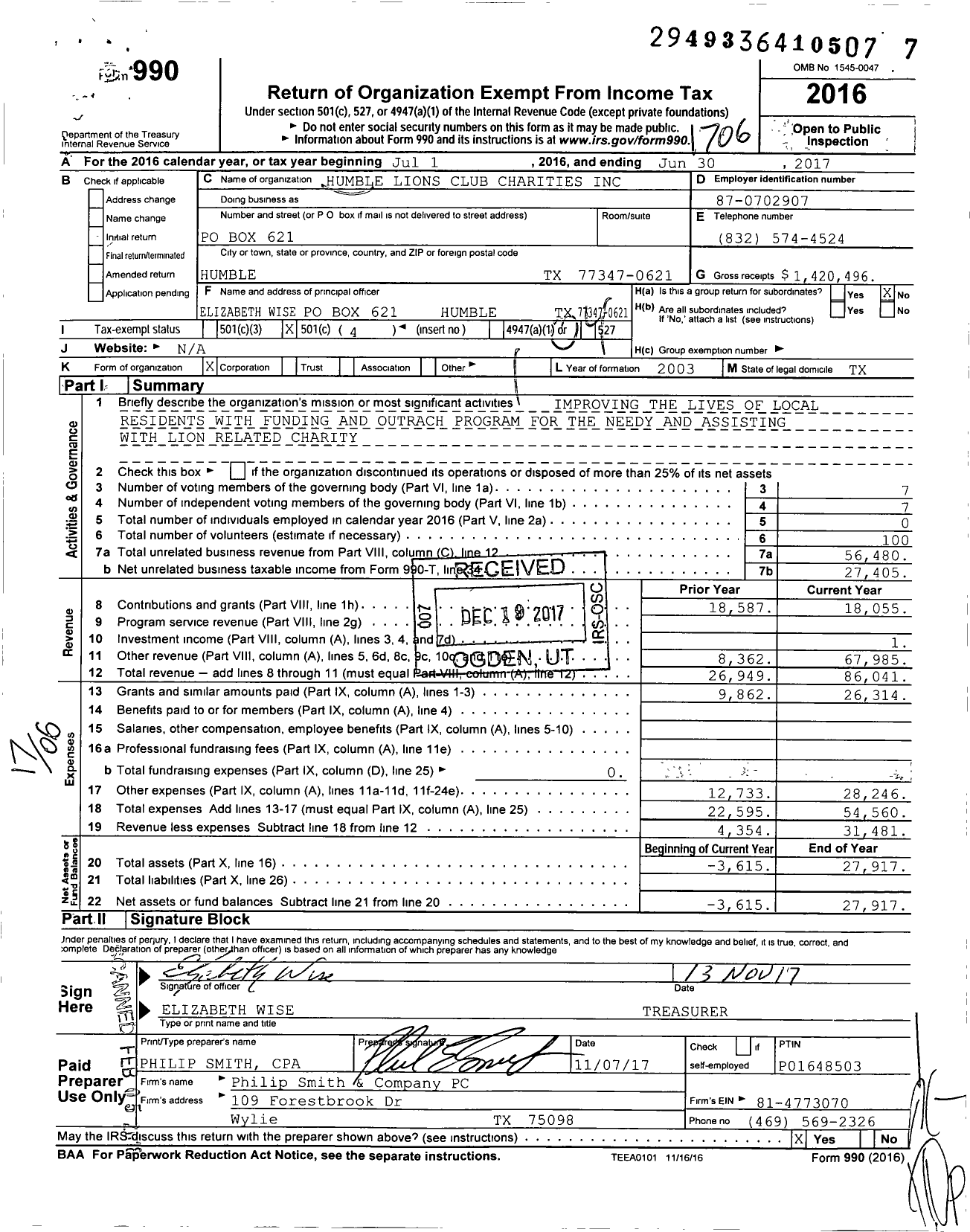 Image of first page of 2016 Form 990O for Humble Lions Club Charities