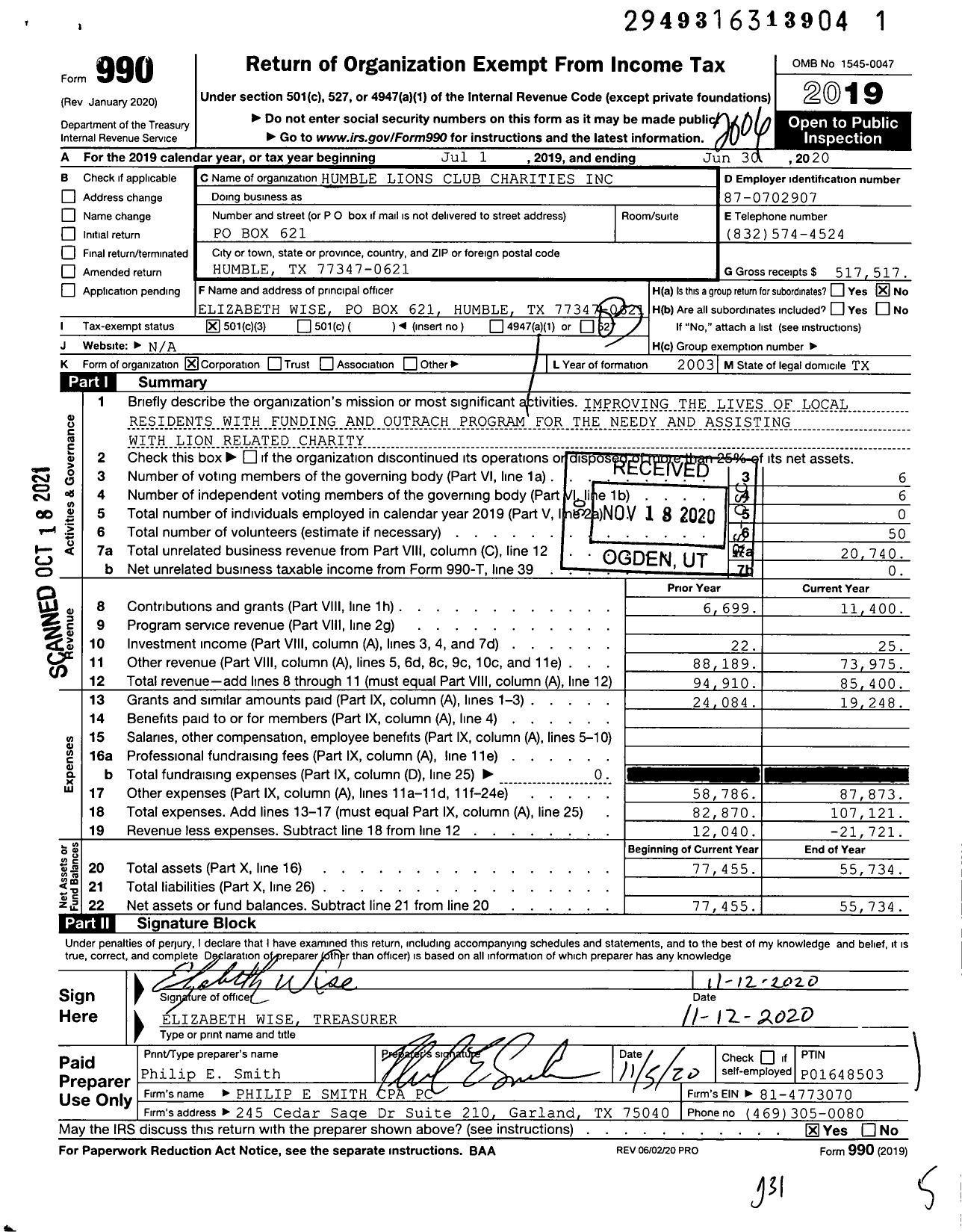 Image of first page of 2019 Form 990 for Humble Lions Club Charities