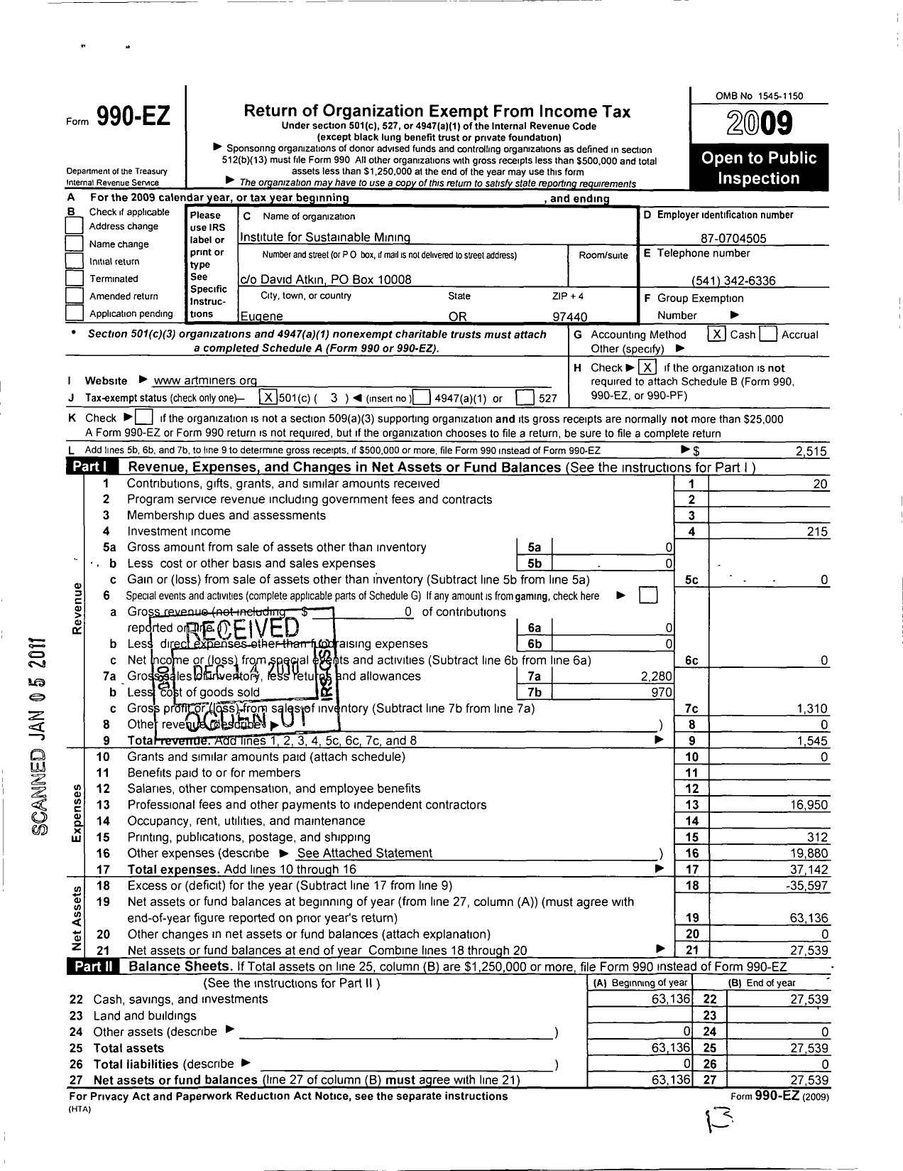 Image of first page of 2009 Form 990EZ for Institute for Sustainable Mining