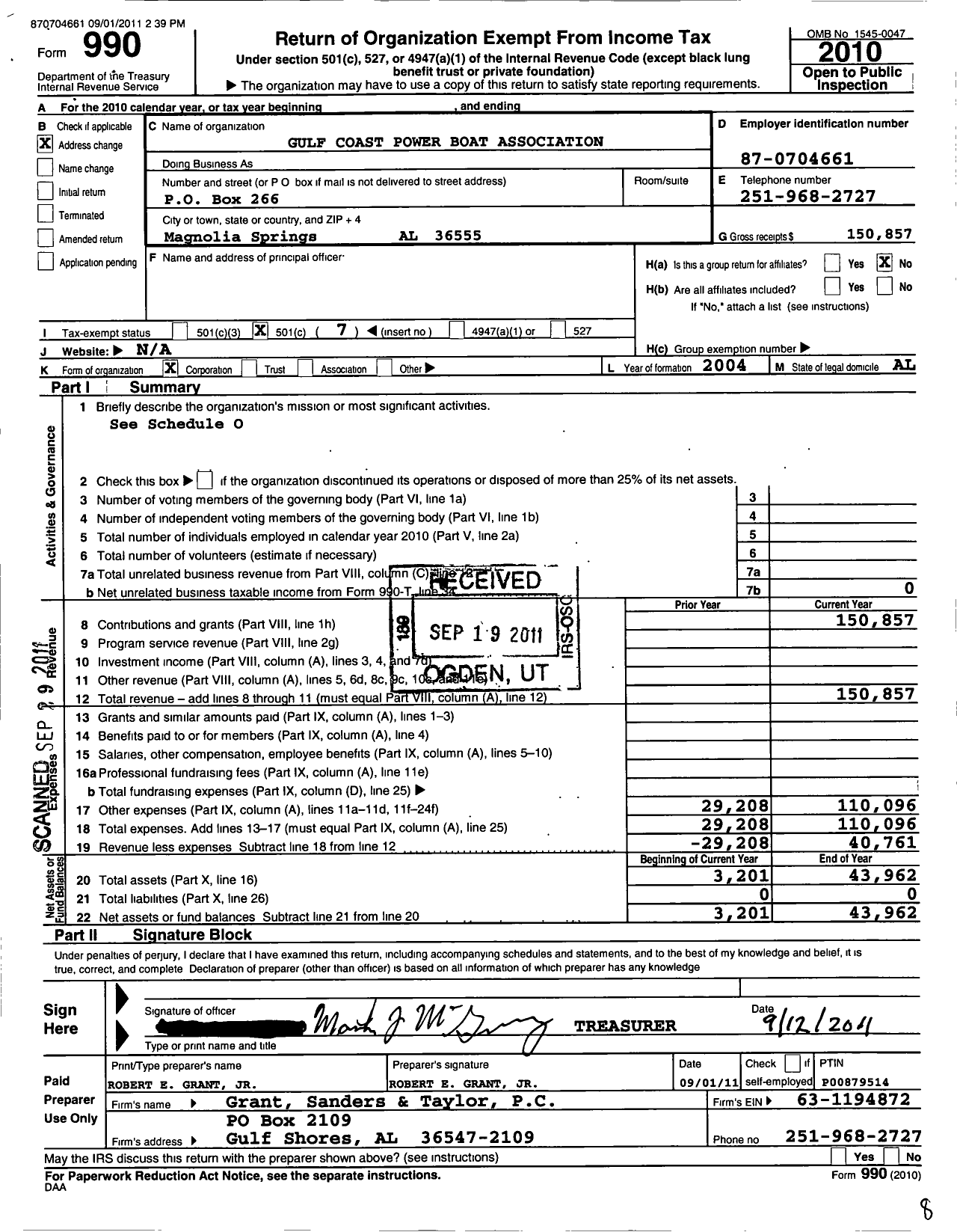 Image of first page of 2010 Form 990O for Gulf Coast Power Boat Association