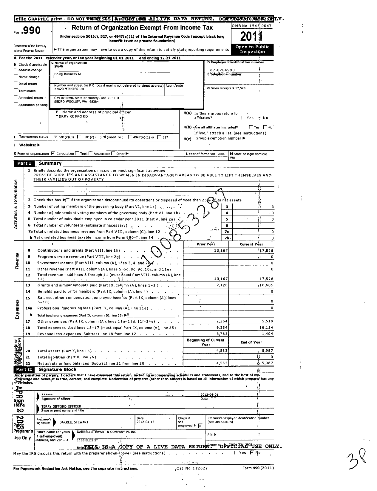 Image of first page of 2011 Form 990 for Swan Foundation