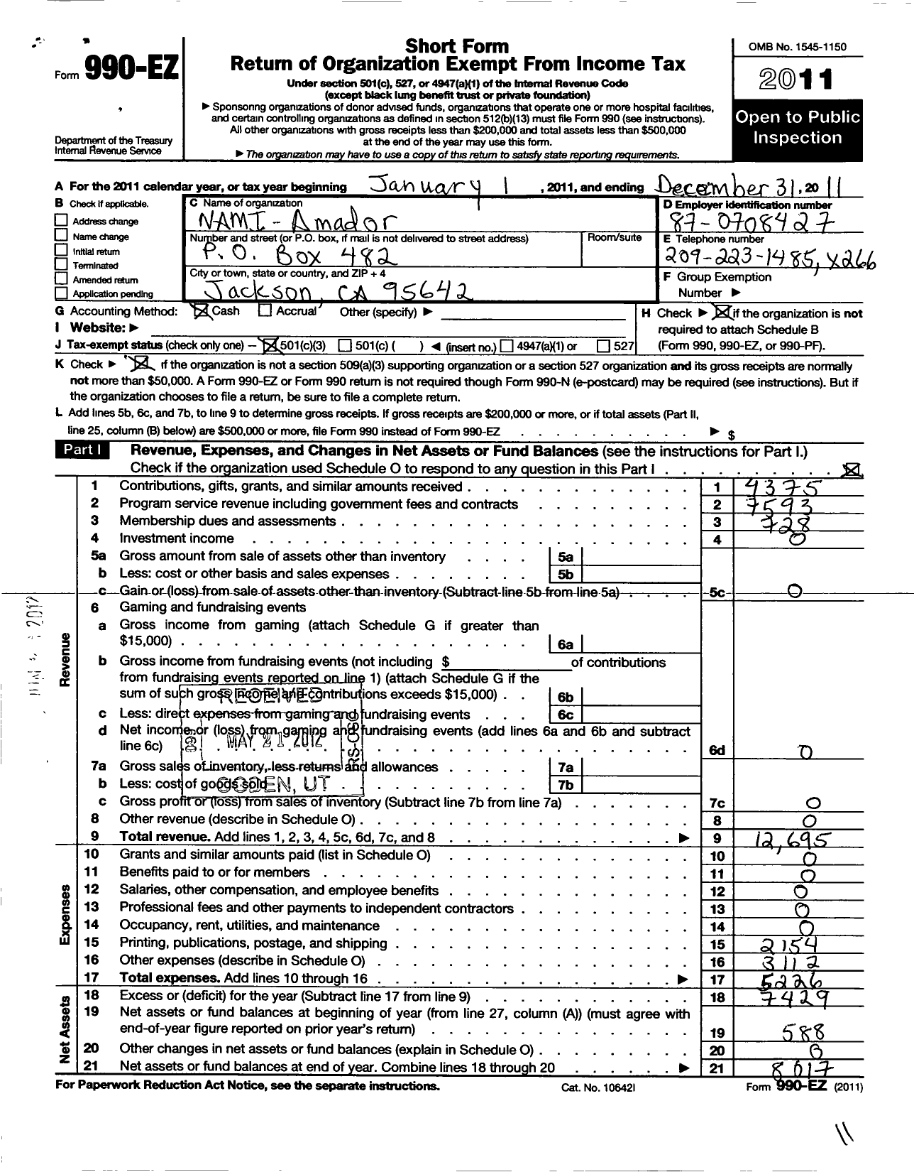 Image of first page of 2011 Form 990EZ for Nami-Amador