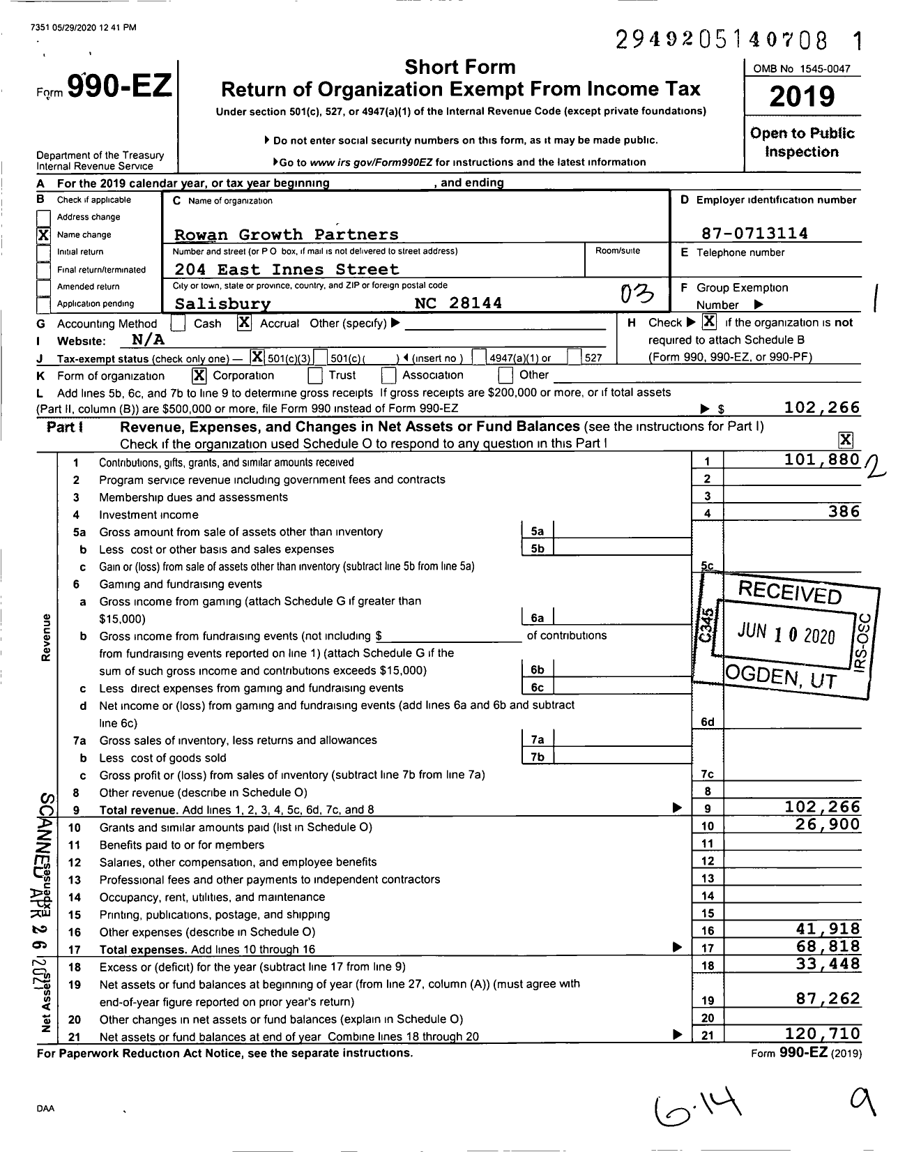 Image of first page of 2019 Form 990EZ for Rowan Growth Partners