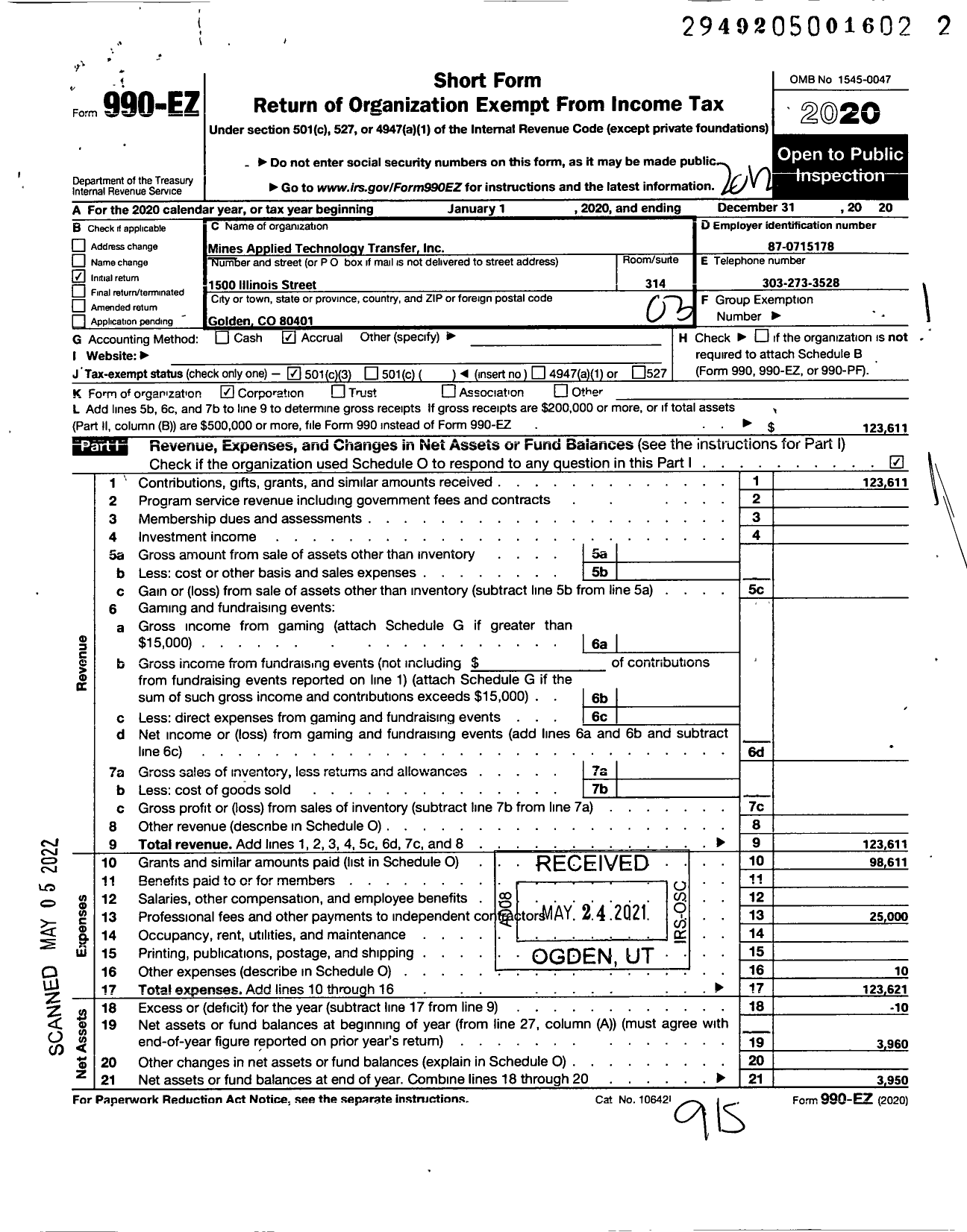 Image of first page of 2020 Form 990EZ for Mines Applied Technology Transfer