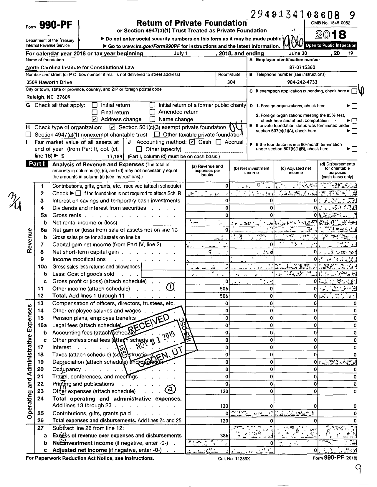 Image of first page of 2018 Form 990PF for North Carolina Institute for Constitutional Law