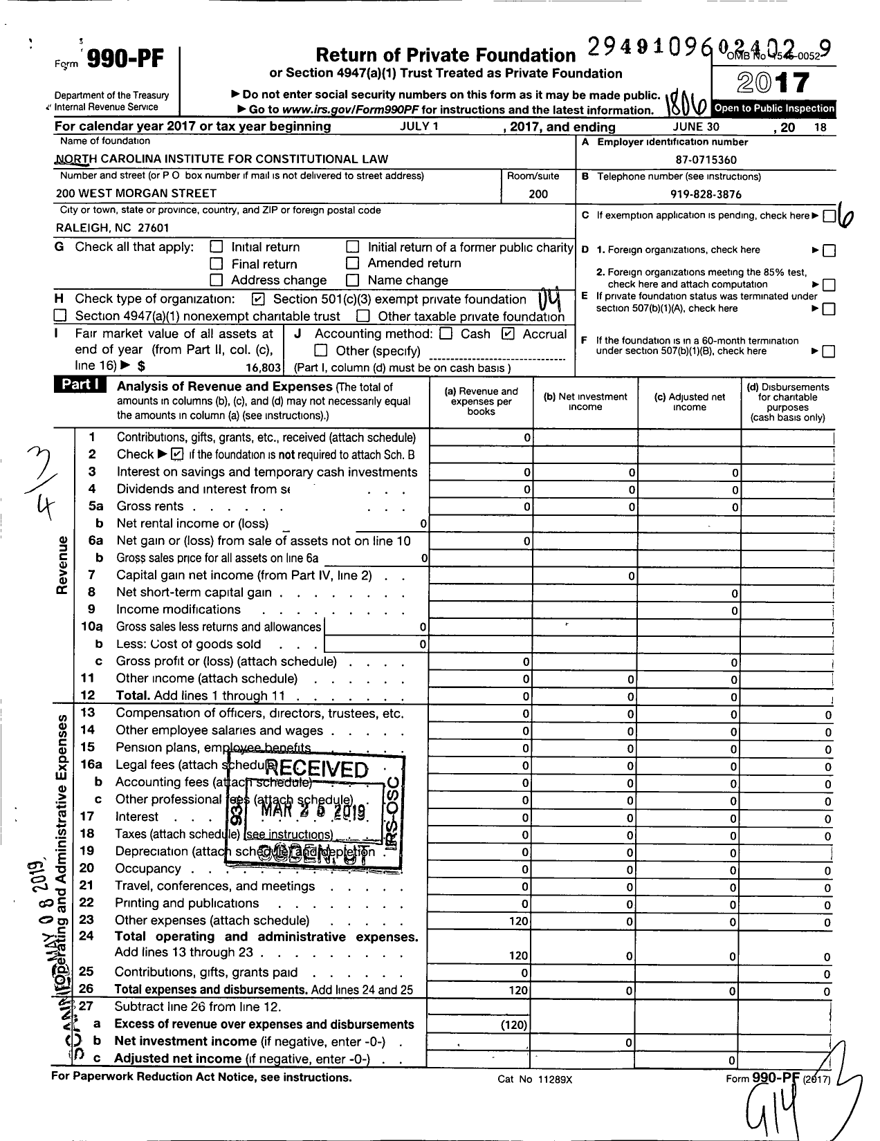 Image of first page of 2017 Form 990PF for North Carolina Institute for Constitutional Law