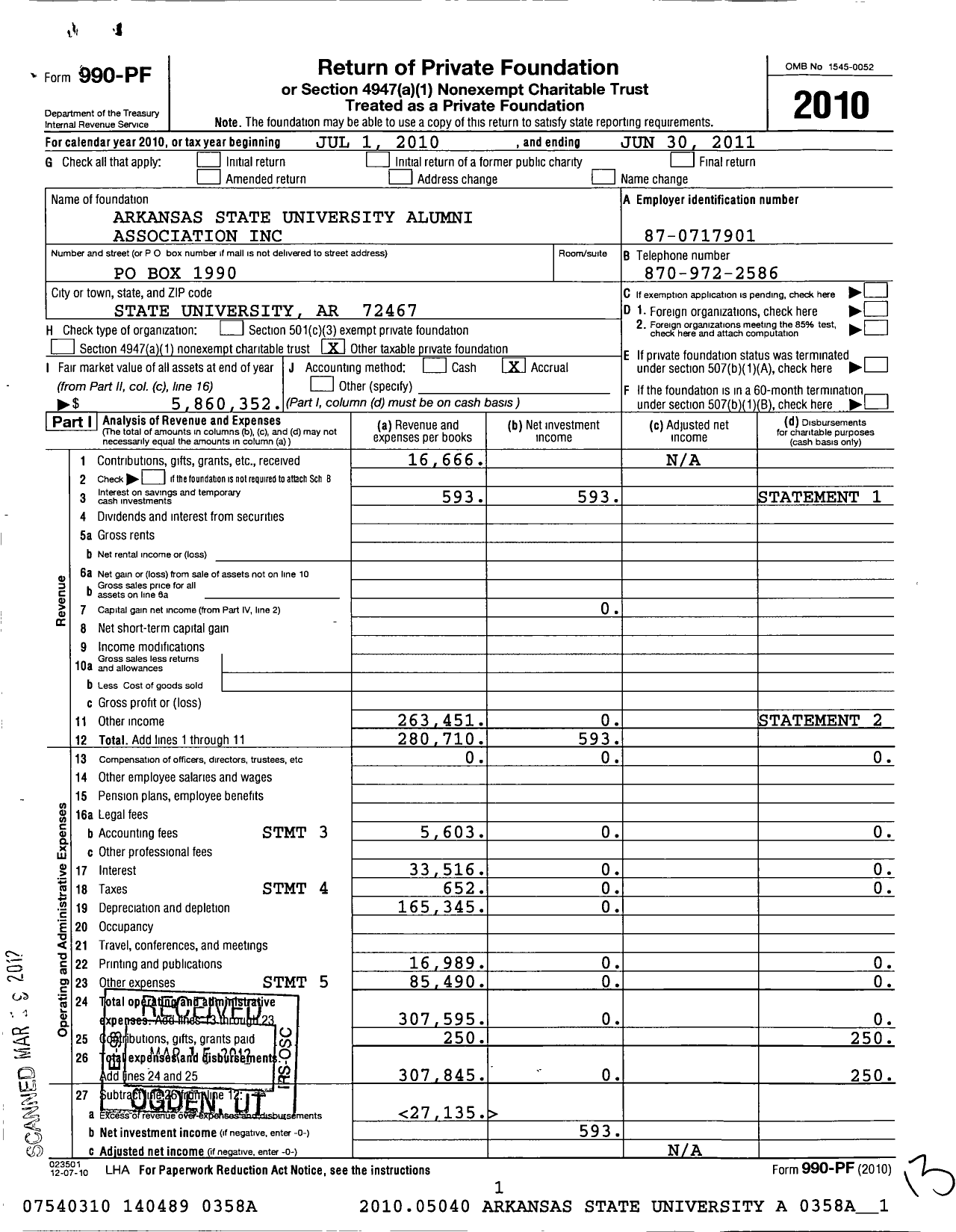 Image of first page of 2010 Form 990PF for Arkansas State University Alumni Association