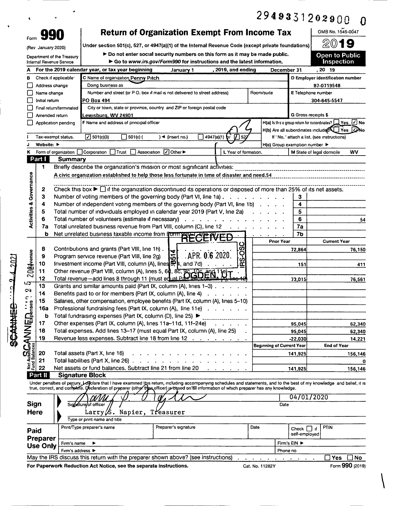 Image of first page of 2019 Form 990 for Penny Pitch