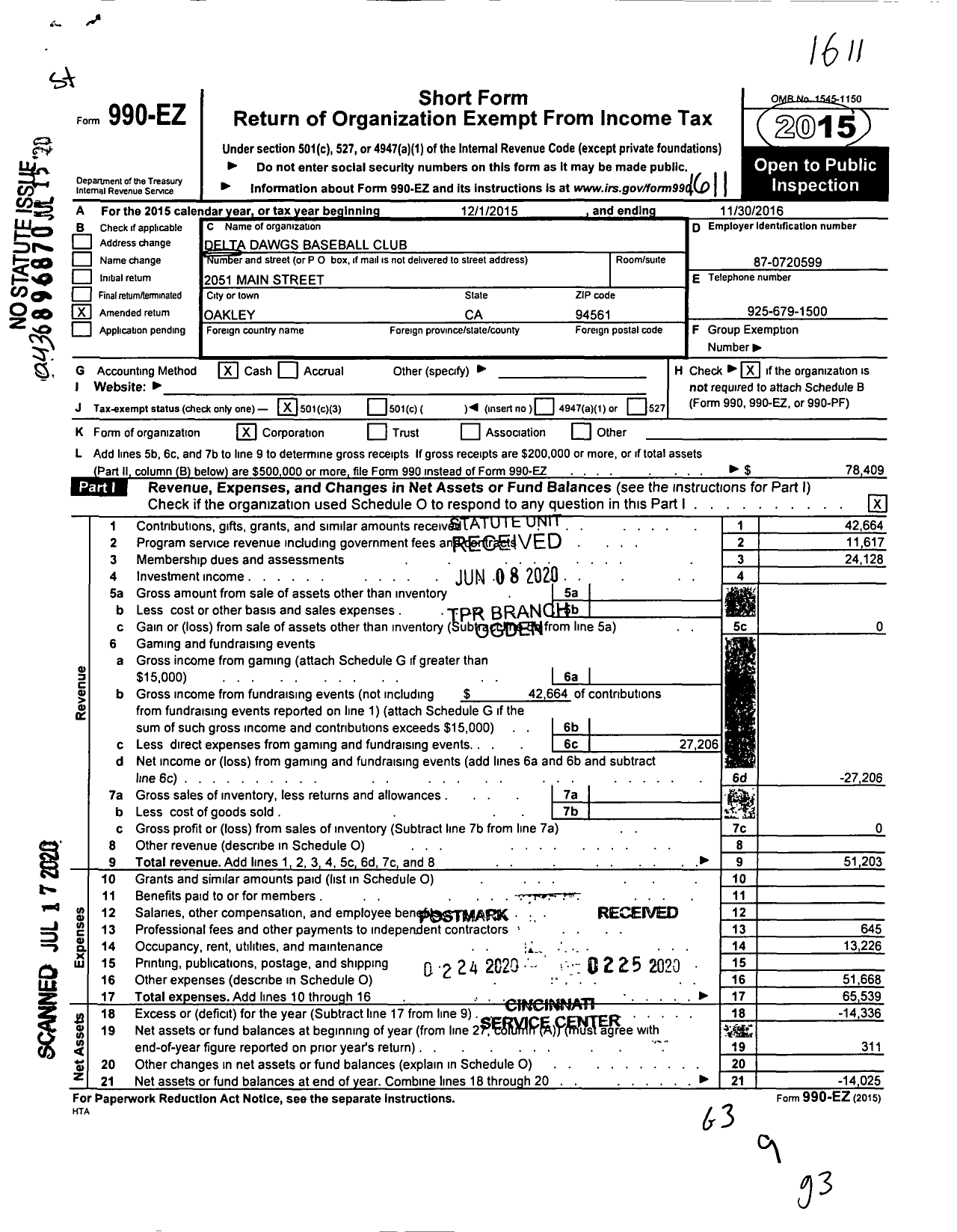 Image of first page of 2015 Form 990EA for Delta Dawgs Baseball Club