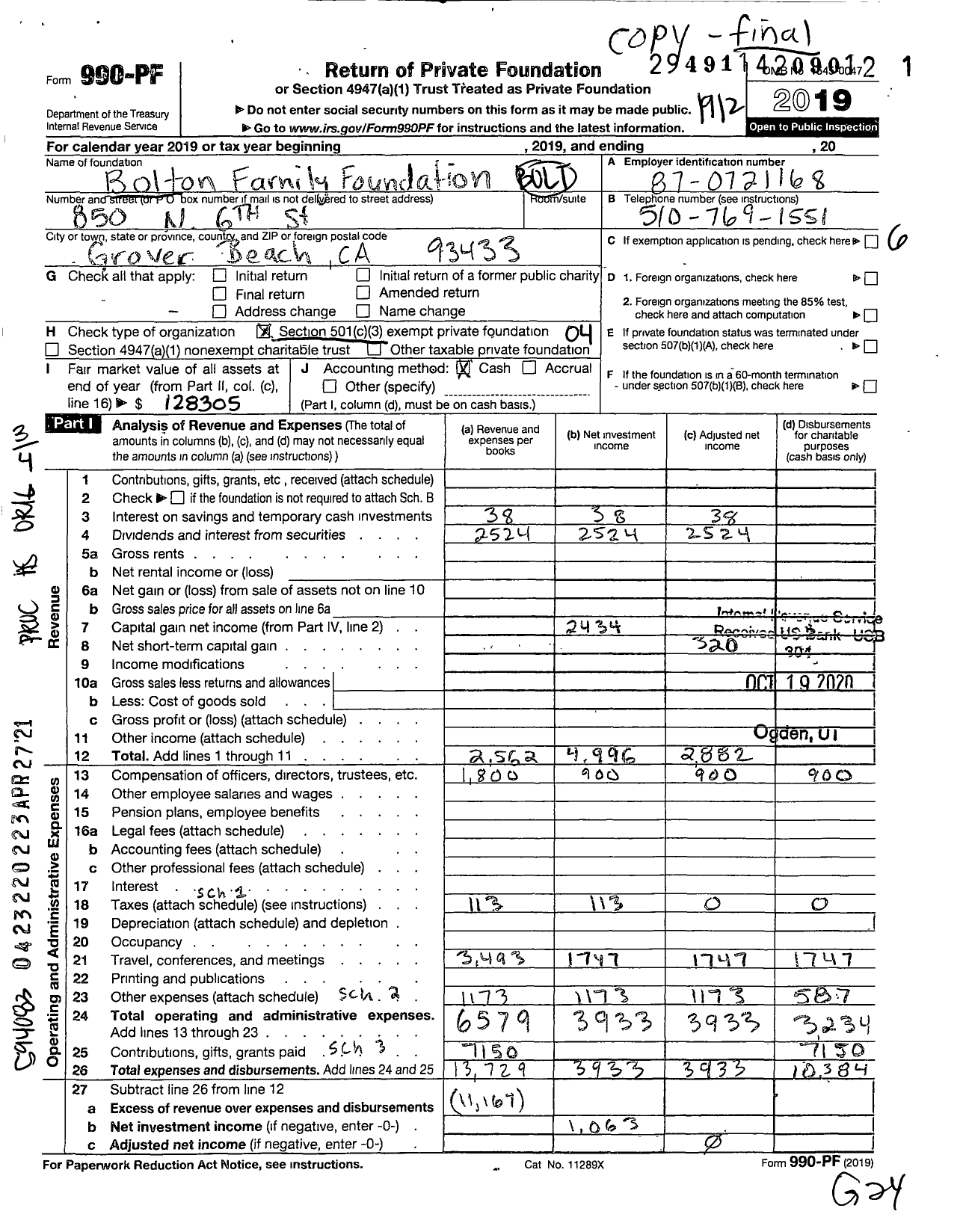 Image of first page of 2019 Form 990PF for The Bolton Family Foundation