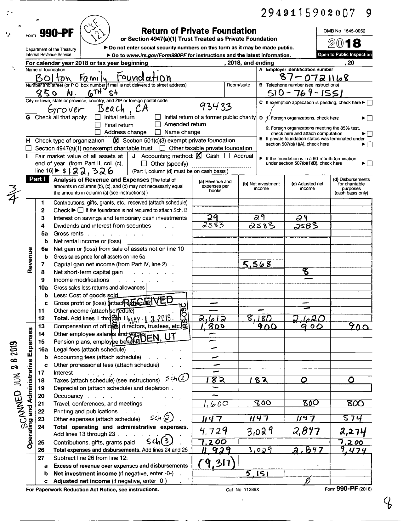 Image of first page of 2018 Form 990PF for The Bolton Family Foundation