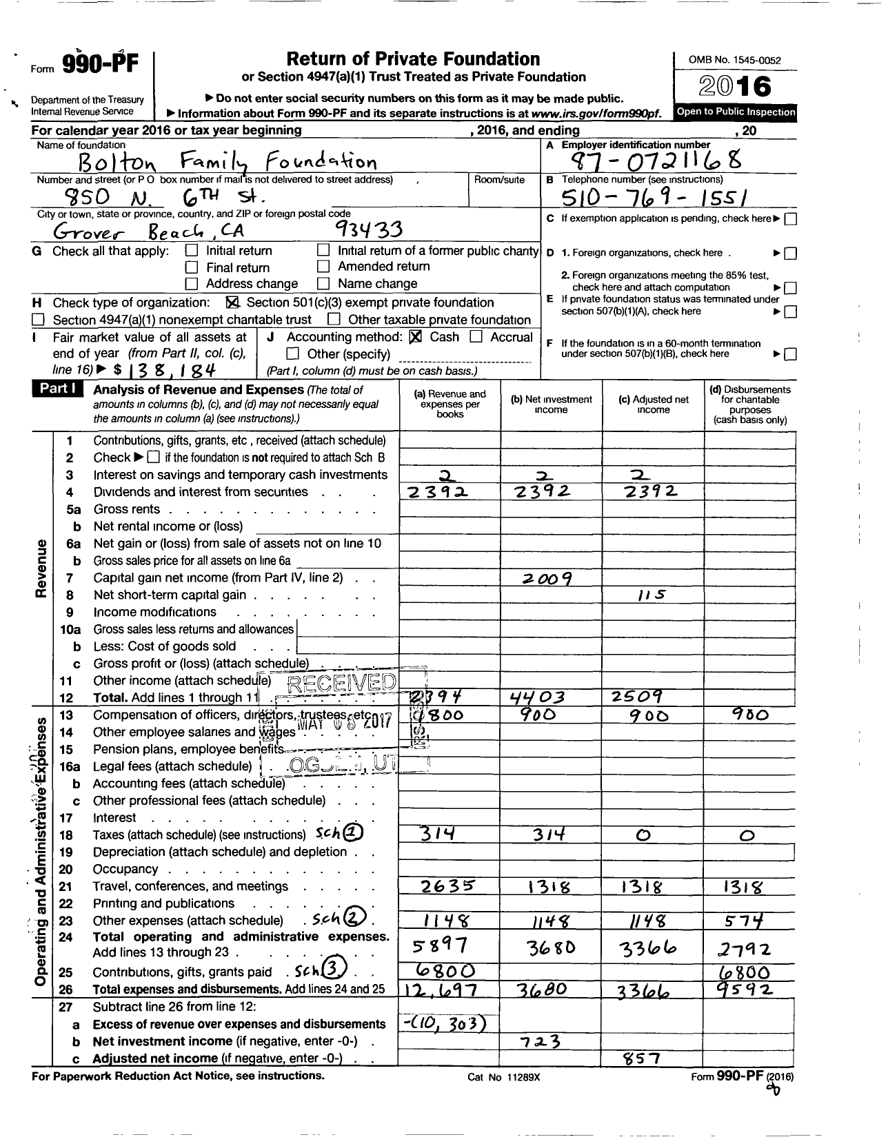 Image of first page of 2016 Form 990PF for The Bolton Family Foundation