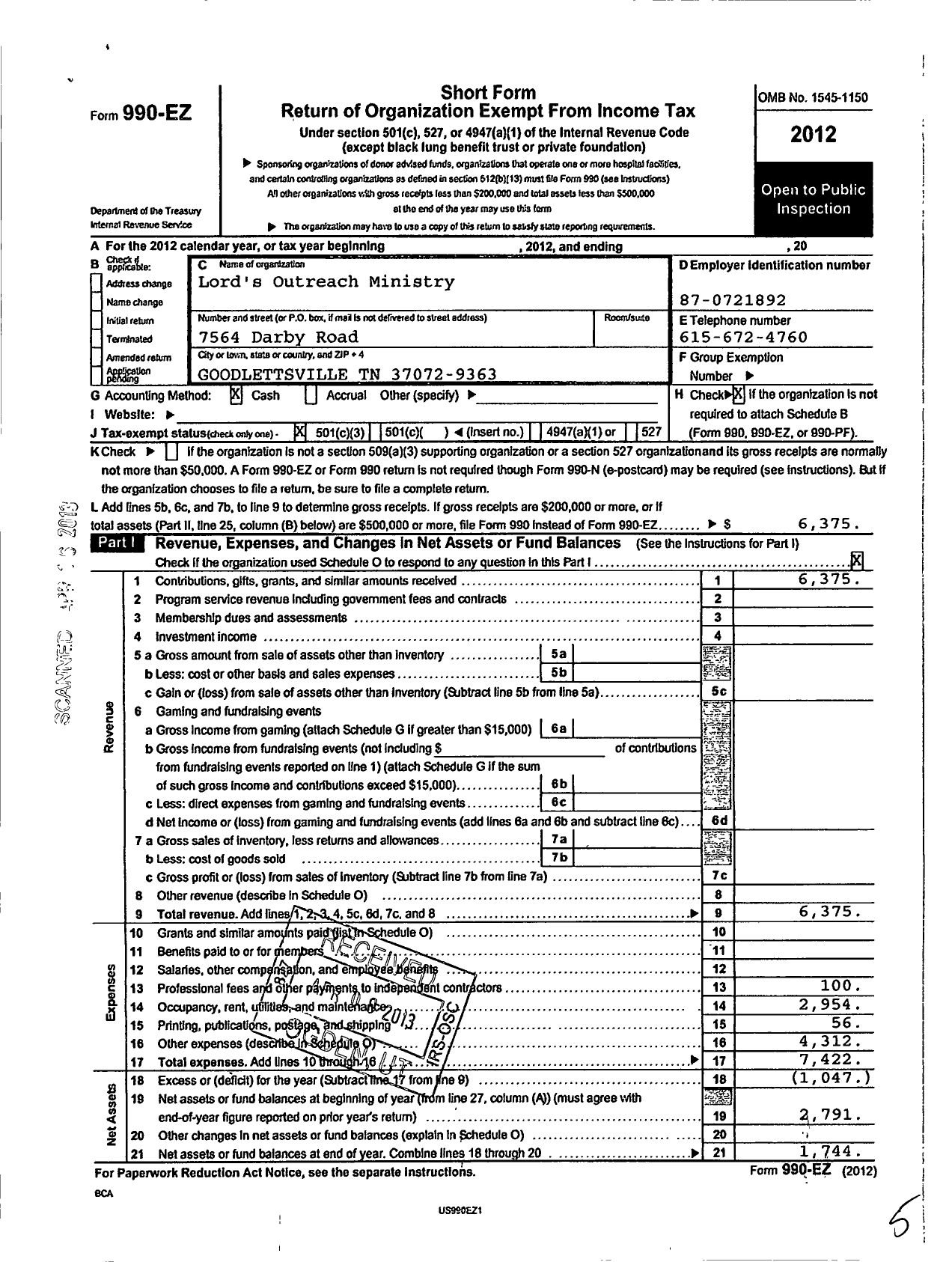 Image of first page of 2012 Form 990EZ for Lords Outreach Ministries