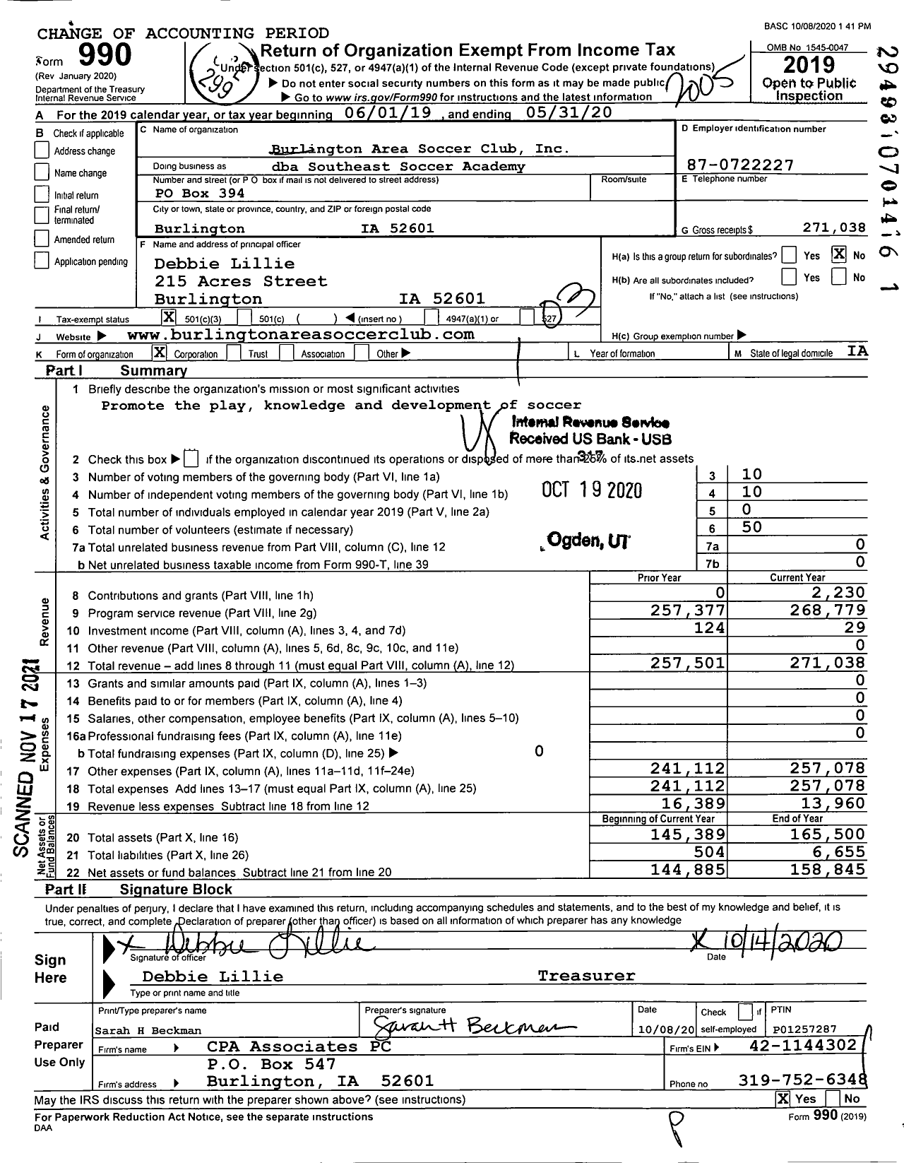 Image of first page of 2019 Form 990 for Southeast Soccer Academy