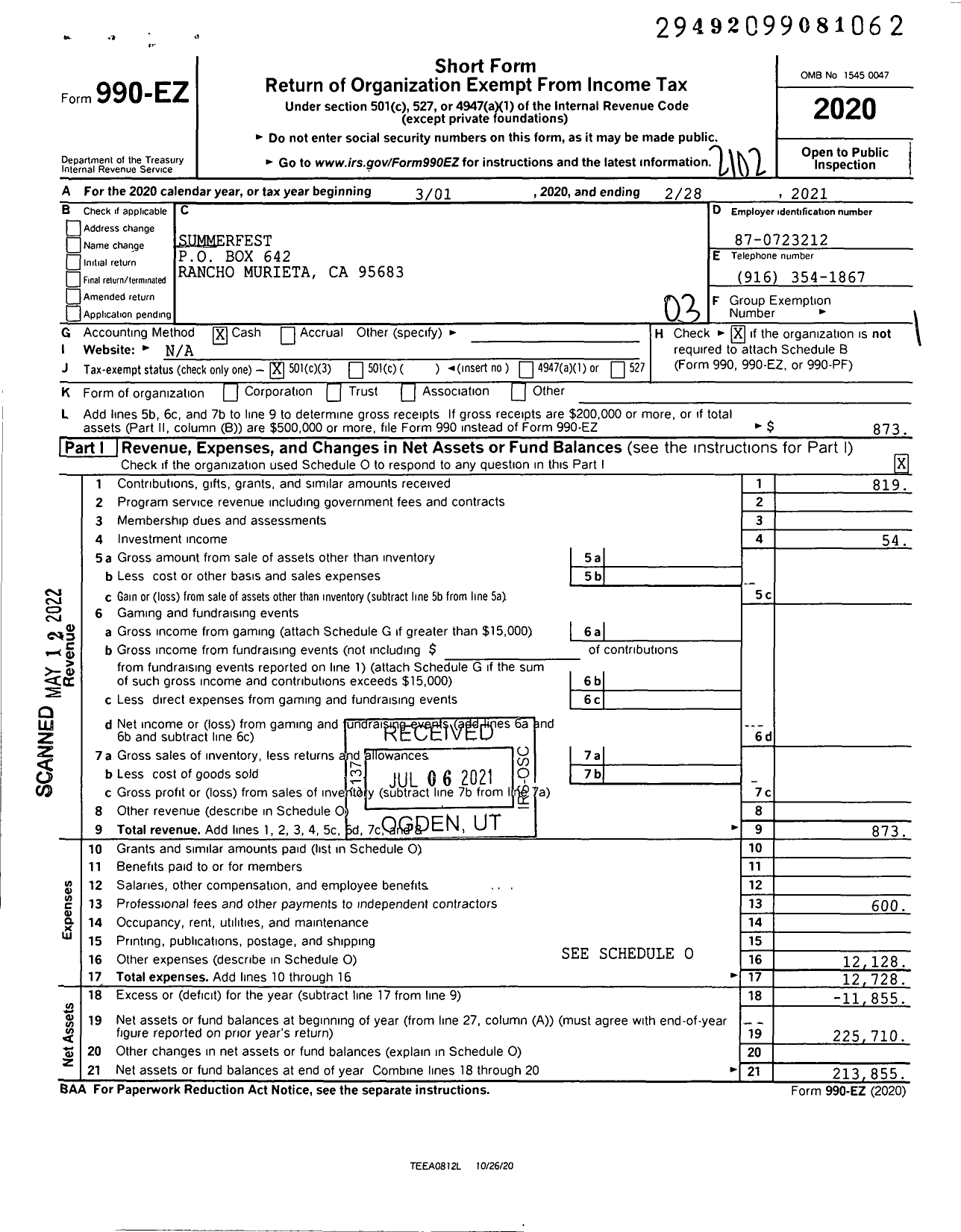 Image of first page of 2020 Form 990EZ for Summerfest