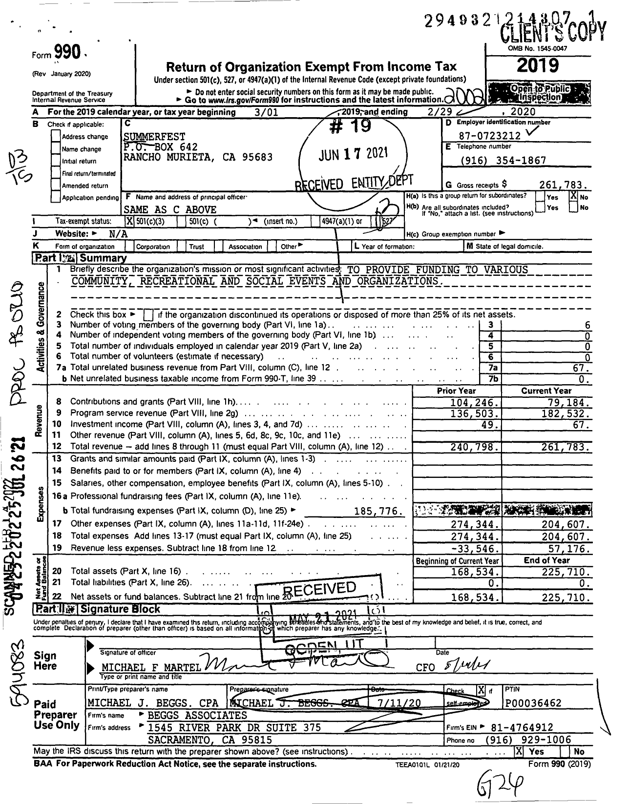 Image of first page of 2019 Form 990 for Summerfest