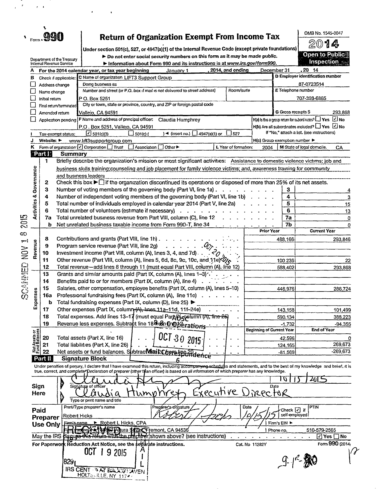 Image of first page of 2014 Form 990 for Lift3 Support Group